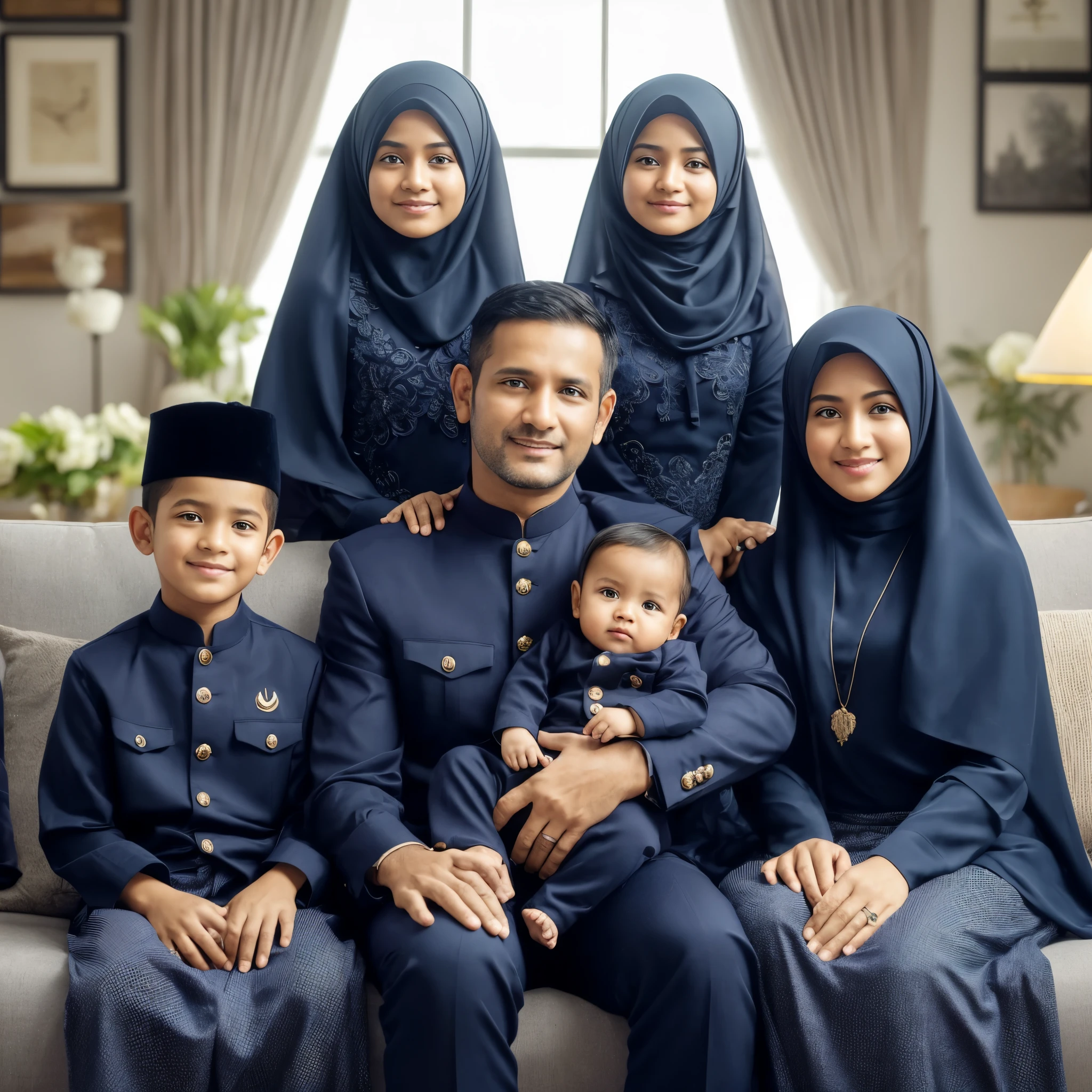 A family photo in Indonesia, consisting of five members, a 40-year-old father and mother, two daughters aged 8 and 6 wearing hijabs, and a 2-month-old baby boy. They are all dressed in navy shirts and long sharia dresses, in harmony, striking a professional pose, with a luxurious living room as the background. Realistic, detailed, ultra HD, 8K, the photo was taken using a Sony camera, with bright colors and white lighting.
