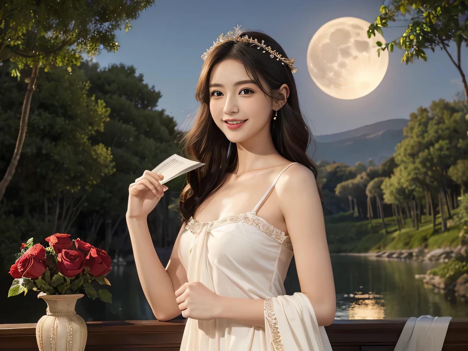 Female singer holding sheet music in both hands,Giorgione painting style,roses in vase、fruits、Cute trinkets、smile、ancient greek costume、Background is a forest lake at night 、Clothes that stretch your shoulders、A big smile、beautiful bare skin,moonlight