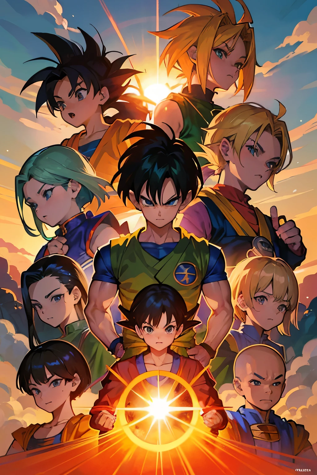 A highly detailed 16:9 portrait of the legendary Dragon Ball creator Akira Toriyama takes center stage, surrounded by dynamically rendered main characters Goku, Vegeta, Gohan, Piccolo, Krillin, and other Z Fighters in an epic manga style. The intricately drawn heroes are arranged in a captivating manner, paying homage to Toriyama's masterpiece.

Set against a vibrant background of sun rays breaking through clouds, the scene transition seamlessly into autumn leaves blowing gently in the wind. The portrait embody the intensity and emotion of Battle scenes filled with energy auras, expressing themes of friendship, courage, hope, and the spirit bomb,