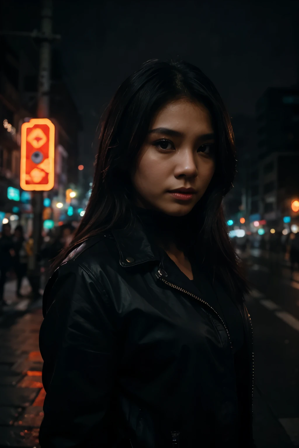 city street, neon, fog, volumetric, closeup portrait photo of a very pretty attractive young Jakartan woman in dark clothes