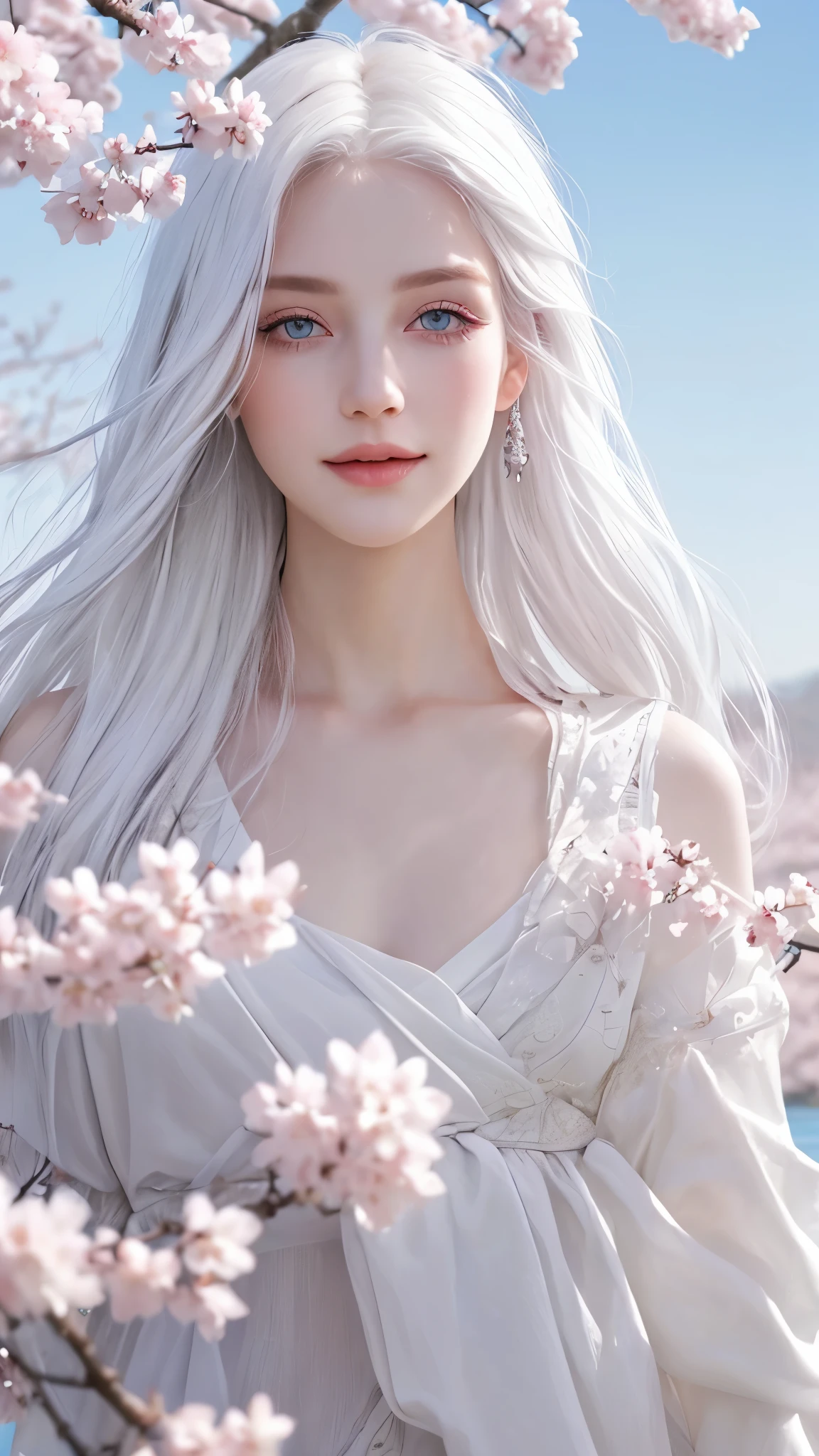 With white hair and pink eyes,Transcendent Beautiful Girl,It's like a fantastic existence,Its white hair swayed in the wind、Blue eyes shine like a clear sky,Her skin is pure white、Detailed features beautifully color your facial features.Her beauty is、Looks great against any background、Its presence will fascinate everyone.cherry blossom trees and sky background,smile,kindness,form above,A lake full of cherry blossom trees
