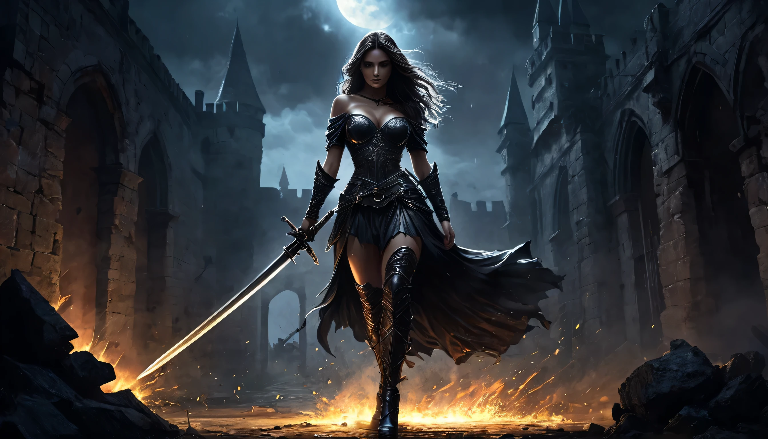 pretty woman silhouette art, quite long hair that stands on end, statue-like body, armor, off shoulder, Dirty and sweaty face and body, He is trying to attack with a very large and long sword., The sword glows,In combat, dynamic fighting stance, night,take a leap,determined look, dark atmosphere, ruined castle, cigarette, burning flame, battlefield, very detailed, surreal, lighting and shadows, written boundary depth,