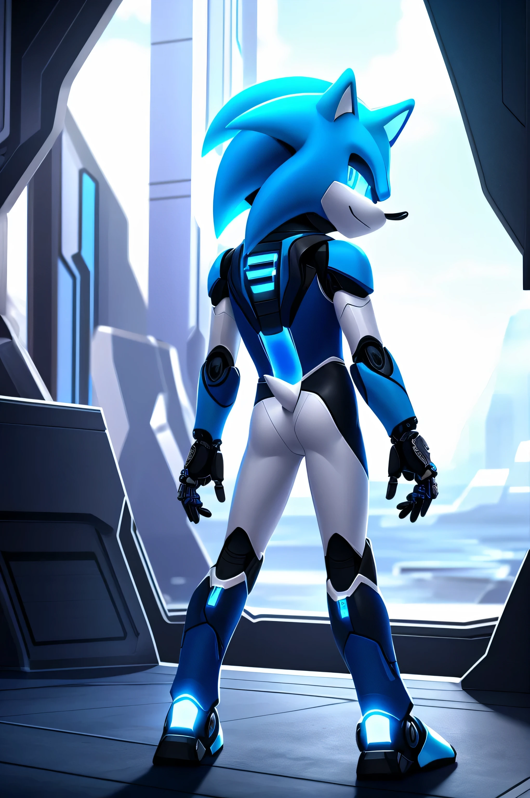 A solo male twink anthro android, viewed from behind, robot ((hedgehog)), with bright cyan fur, glowing blue eyes, white muzzle, wearing a sci-fi bodysuit stands in a futuristic landscape. The android's bodysuit has (((light blue, and white coloring))), medium bulge and intricate (((mechanical details))), creating a futuristic look. the android robot has a seductive smirk on his face