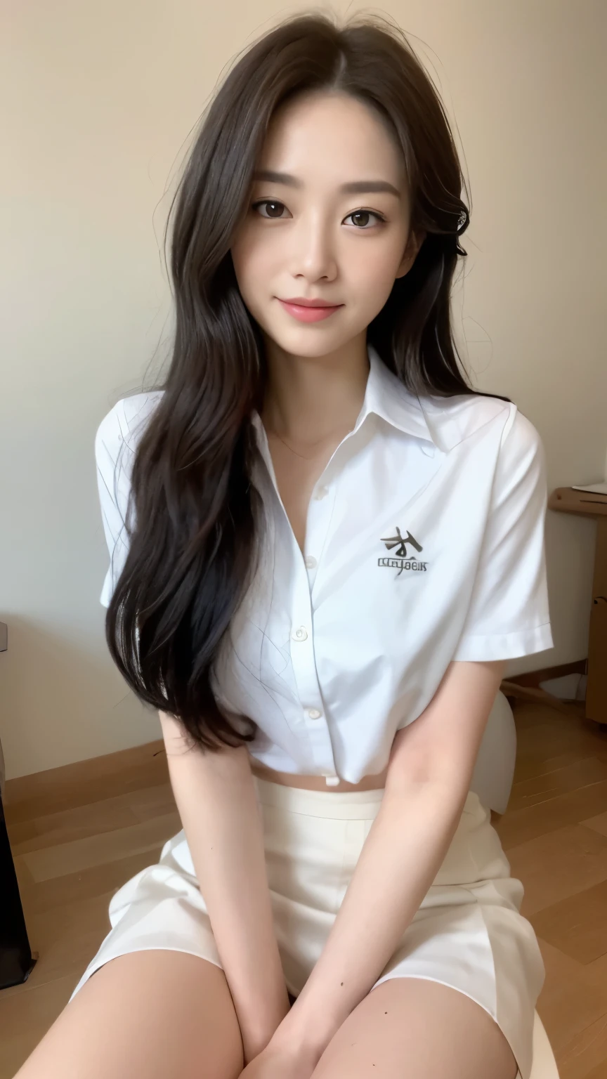 ((top-quality、8k、​masterpiece:1.3))、Beautiful woman with perfect body:1.4、slim abdomen:1.2、Longhair, normal breast, Highly detailed facial and skin texture, A detailed eye, delicate eyes, double eyelid, (smile), (full body shot), ((office)), (sitting on chair), ((wearing white uniform)), looking in front