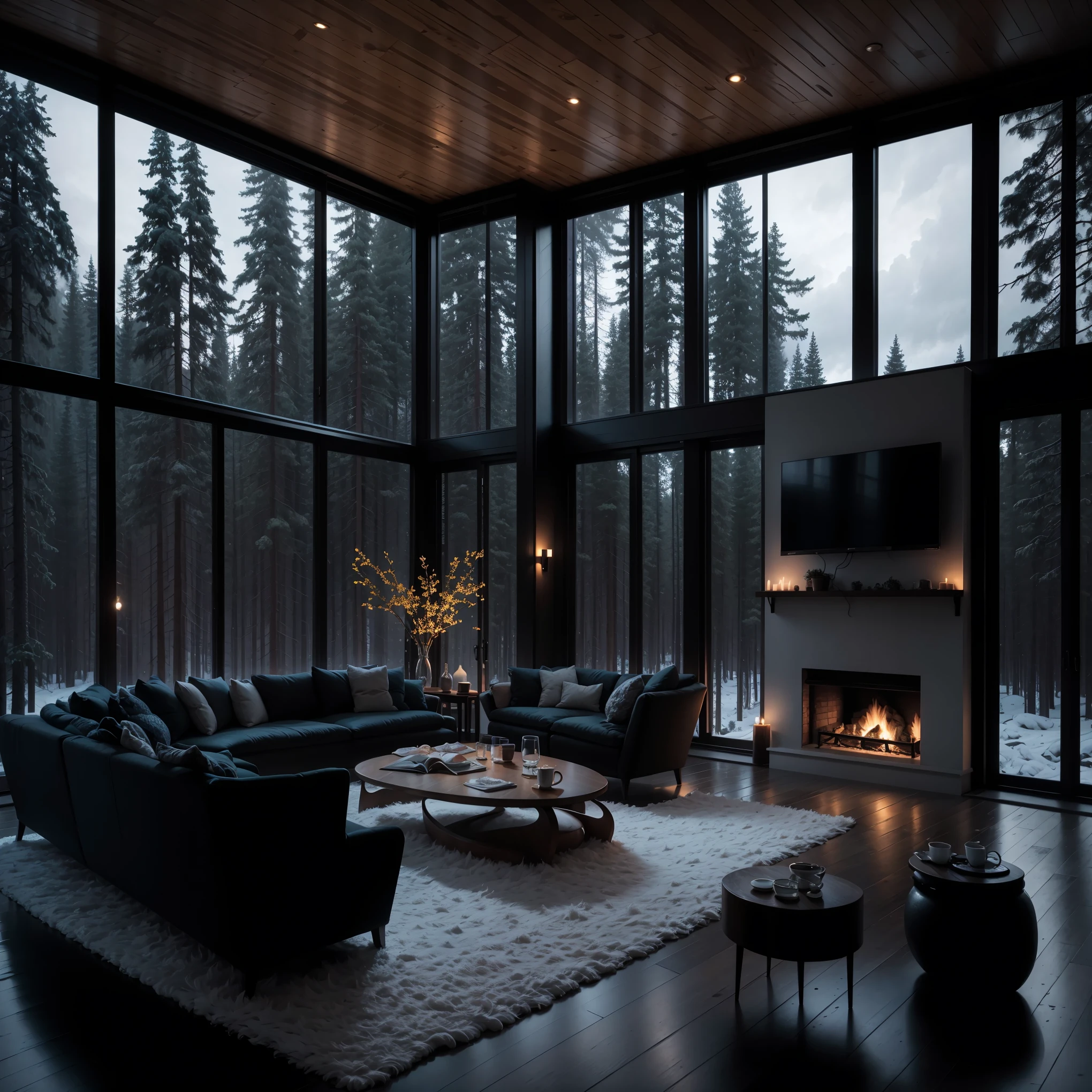 THIS EVENING WOODEN CABIN LIVING ROOM ANIME BACKGROUND, (COZY ATMOSPHERE), (SUBTLE LIGHTING), BRIGHT STONE FIREPLACE FIRE, LIONSKIN RUG THIS EVENING BEST QUALITY, TRANSPARENT GLASS WINDOWS