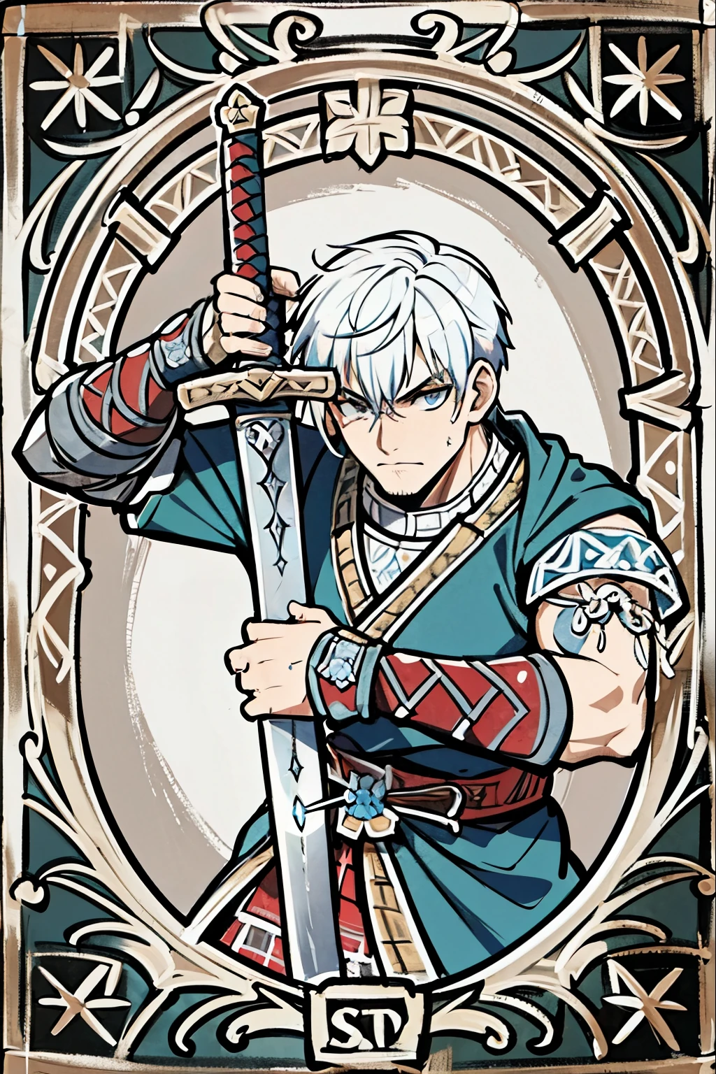highlander, big sword, man holding big sword, Scottland warrior, by bestiary_style, masterpiece, best quality, highly detailed face, solo, fighter, fighter with sword, Scott highlander, Scottland clan,