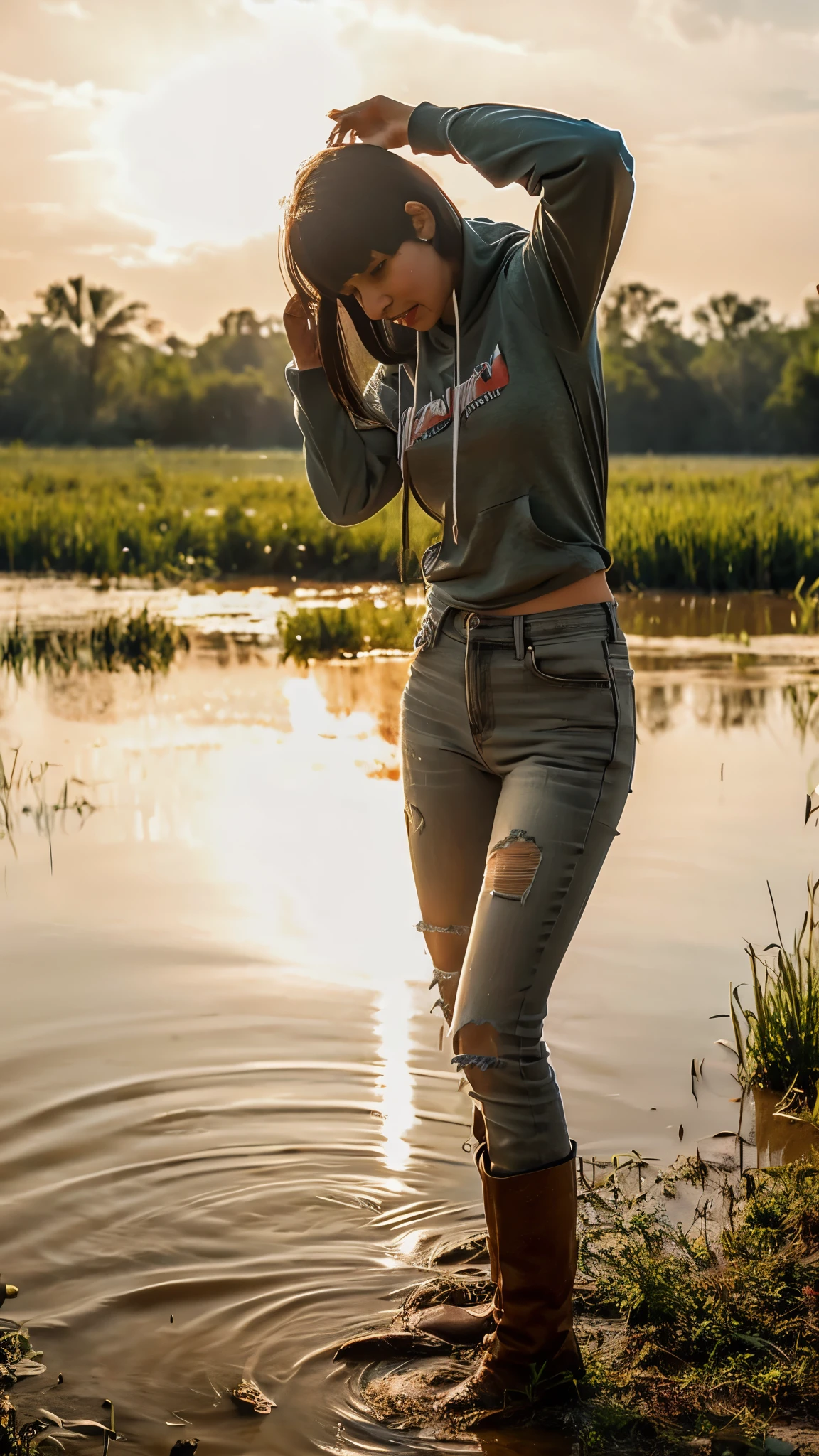 Mature vicious emaciated tormented woman, (Flares on vintage jeans:1.07), Drowning standing in a muddy swamp on the shin:1.2, Completely Body, For fading skin, Cracked wrinkles, pixie cut, Dirty tight hoodie, dramatic, atmospheric, photografic,