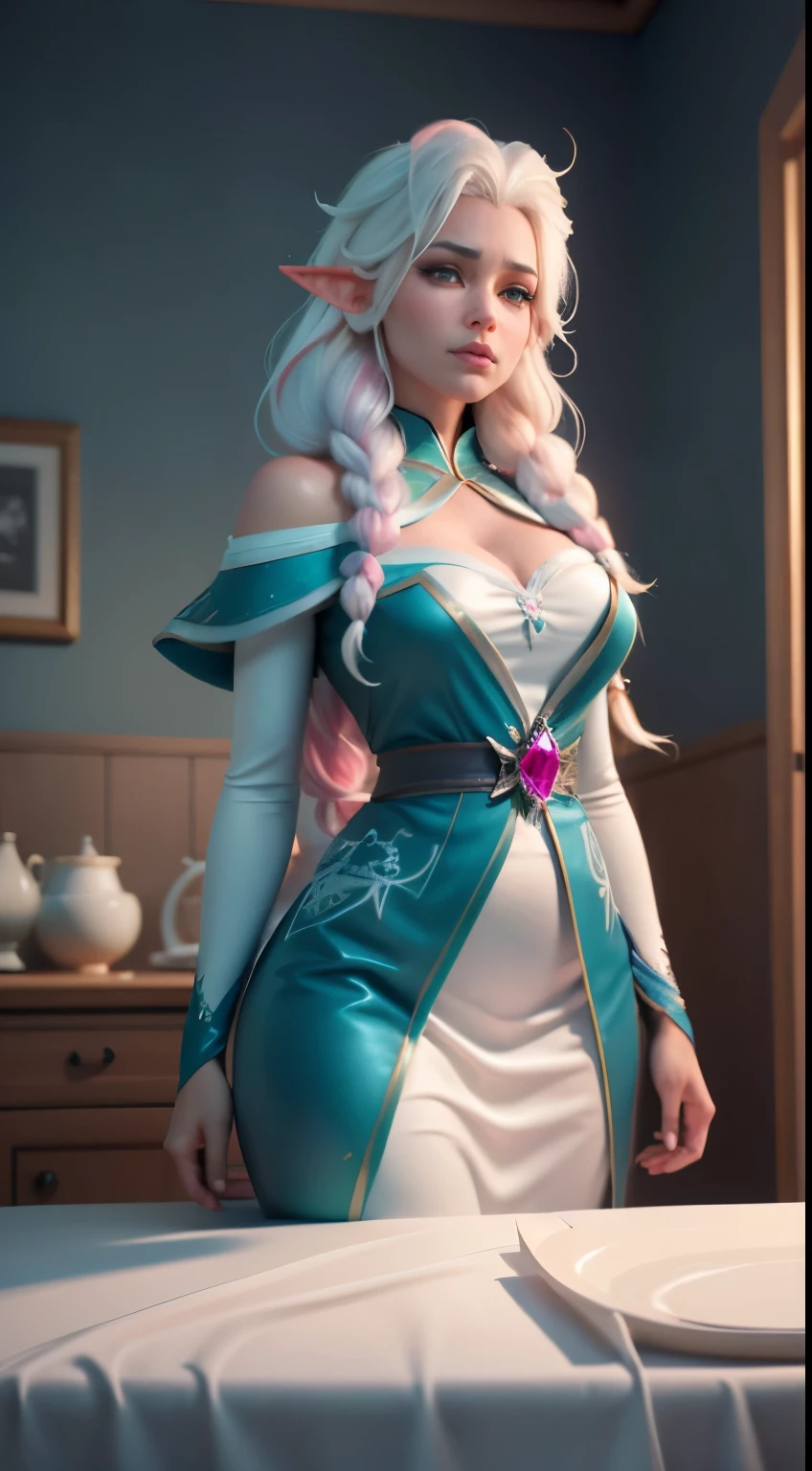 Elfgirl (Komi-san-Elsa frozen Disney mezclando modelos .) (ultra FUSION of white and pink hair) Highly detailed CG unity 8k wallpaper, style shot, complex, high detail, dramatic, highest quality movie still image, very detailed, masterpiece, best quality, character design, Elsa, Elsa from Frozen,Komi-san fusion (( Dark style)), realistic ultra-detailed rendering style, natural light, sharp character design, (hard focus, 8k), (((natural skin texture))), 8k textures, soft cinematic lighting, adobe lightroom, dark room, hdr, Sophisticated, Elegant, Rich Detail, Sharp Focuilm Look) )), Soothing Tones, Detail Frenzy, Intricate Detail, Super Detail, Low Contrast, Soft Film Lighting, Dull Colors, Exposure Blending, HDR, Fade, 35mm, f/1.4, ISO??, f16, 25 sec.