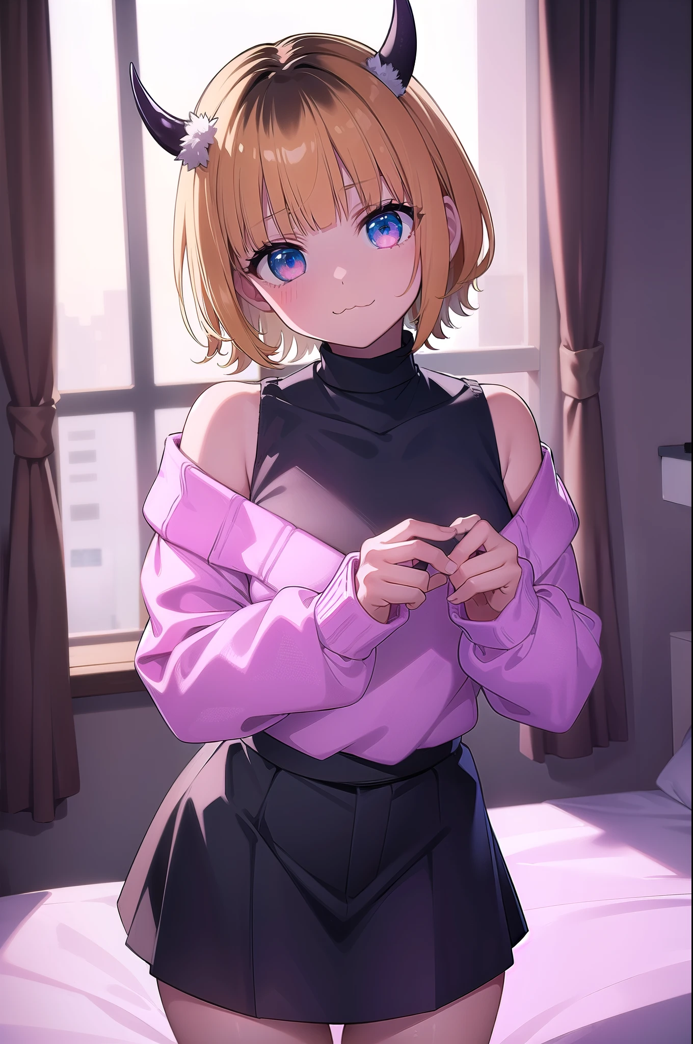 memcho, memcho, blonde hair, blue eyes, blunt bangs, demon horns, fake horns, horns, short hair, bare shoulders, black skirt, (pink sweater:1.5), long sleeves, off shoulder, off-shoulder sweater, puffy sleeves, skirt, sweater, white ribbon, looking at viewer, (masterpiece:1.2), best quality, high resolution, unity 8k wallpaper, (illustration:0.8), (beautiful detailed eyes:1.6), extremely detailed face, perfect lighting, extremely detailed CG, (perfect hands, perfect anatomy), ;3, uwu, catmouth, 