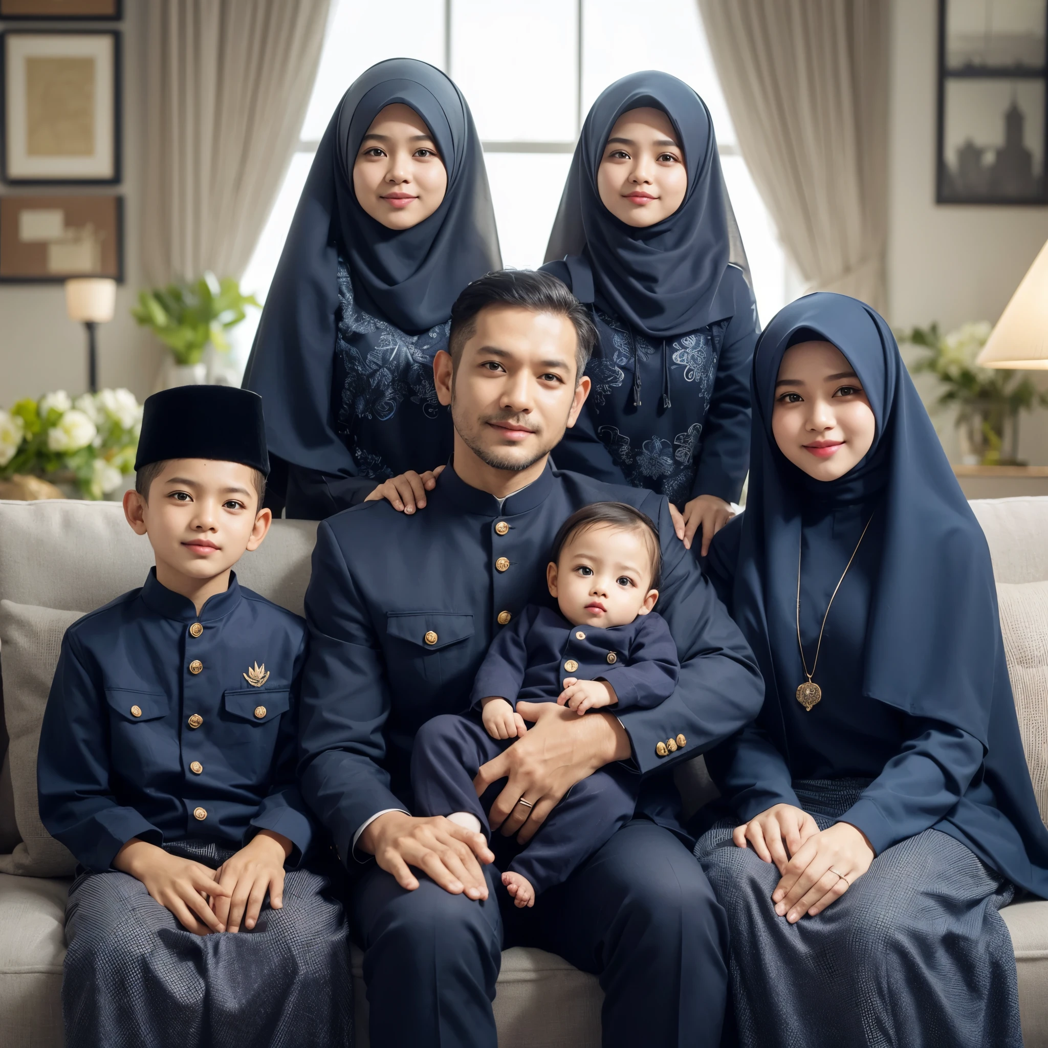 Foto keluarga di Indonesia, lima anggota, ayah dan ibu usia 40 tahun, dua anak perempuan usia 8 dan 6 tahun memakai hijab, dan bayi kecil laki laki usia 2 bulan, Mereka semua mengenakan kemeja navy dan long dress sharia, selaras, seragam, pose profesional, latar belakang ruang tamu yang mewah. realistis, detail, ultra HD, 8K, foto diambil menggunakan kamera sony, warna cerah, pencahayaan biru.