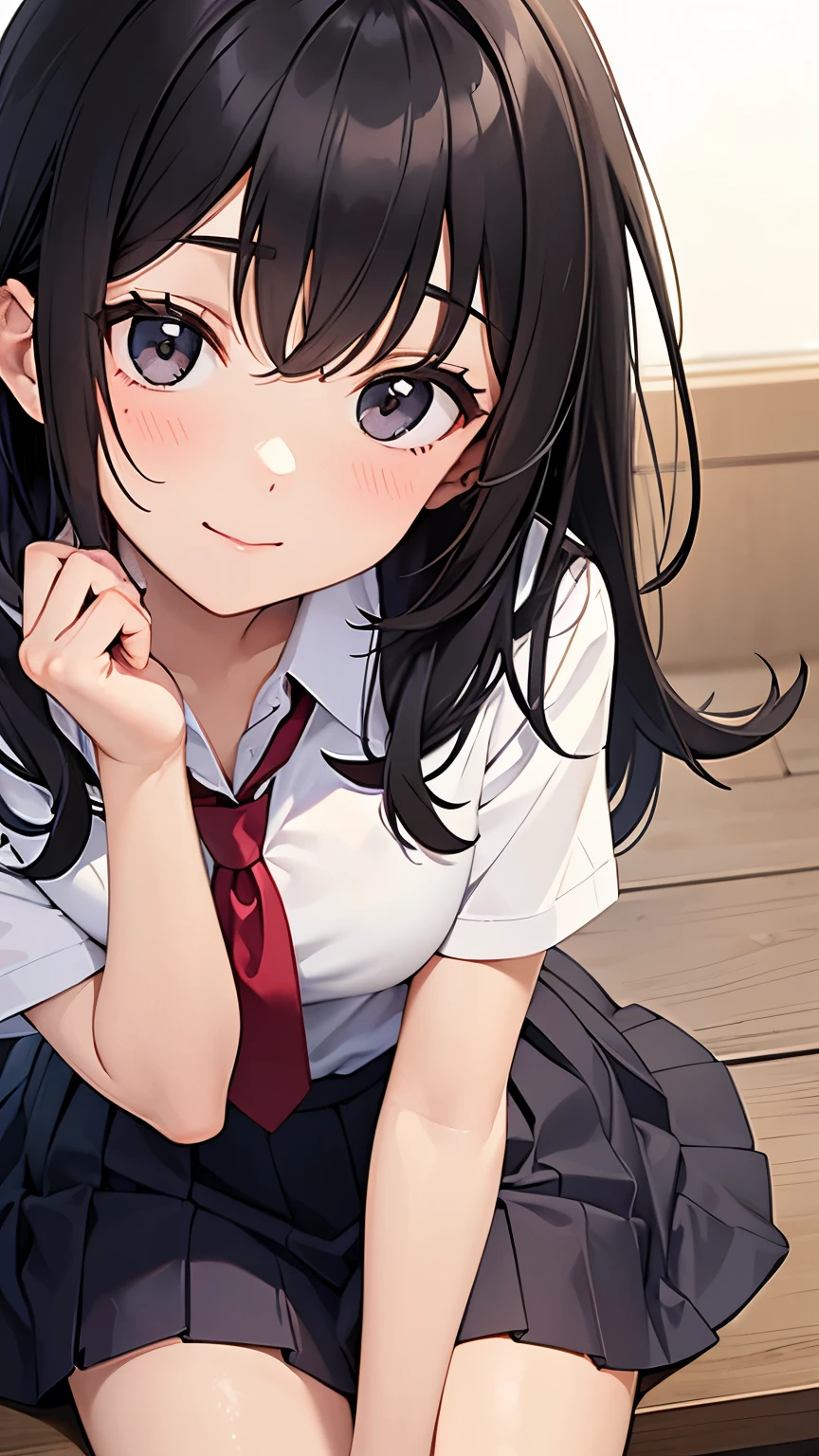 1girl, school uniform, sitting, dark black hair, medium breasts, dont smile, black eyes, white skin