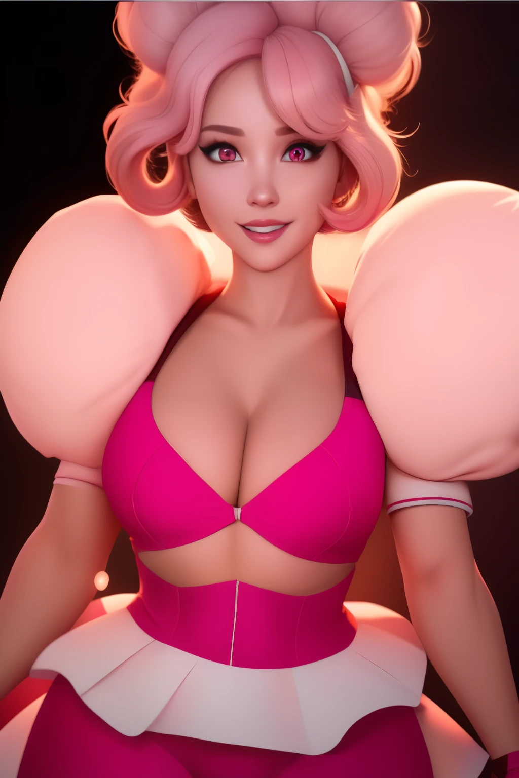 pnkdamond, pink hair, pink eyes,  big hair,  stomach gem,  pink skin,  toned, 
puffy short sleeves, elbow gloves ,  white thighhighs,   puffy dress, 
standing, upper body, 
 outerspace,  
(insanely detailed, beautiful detailed face,beautiful detailed eyes, masterpiece, best quality) cinematic lighting,  smile, 
 