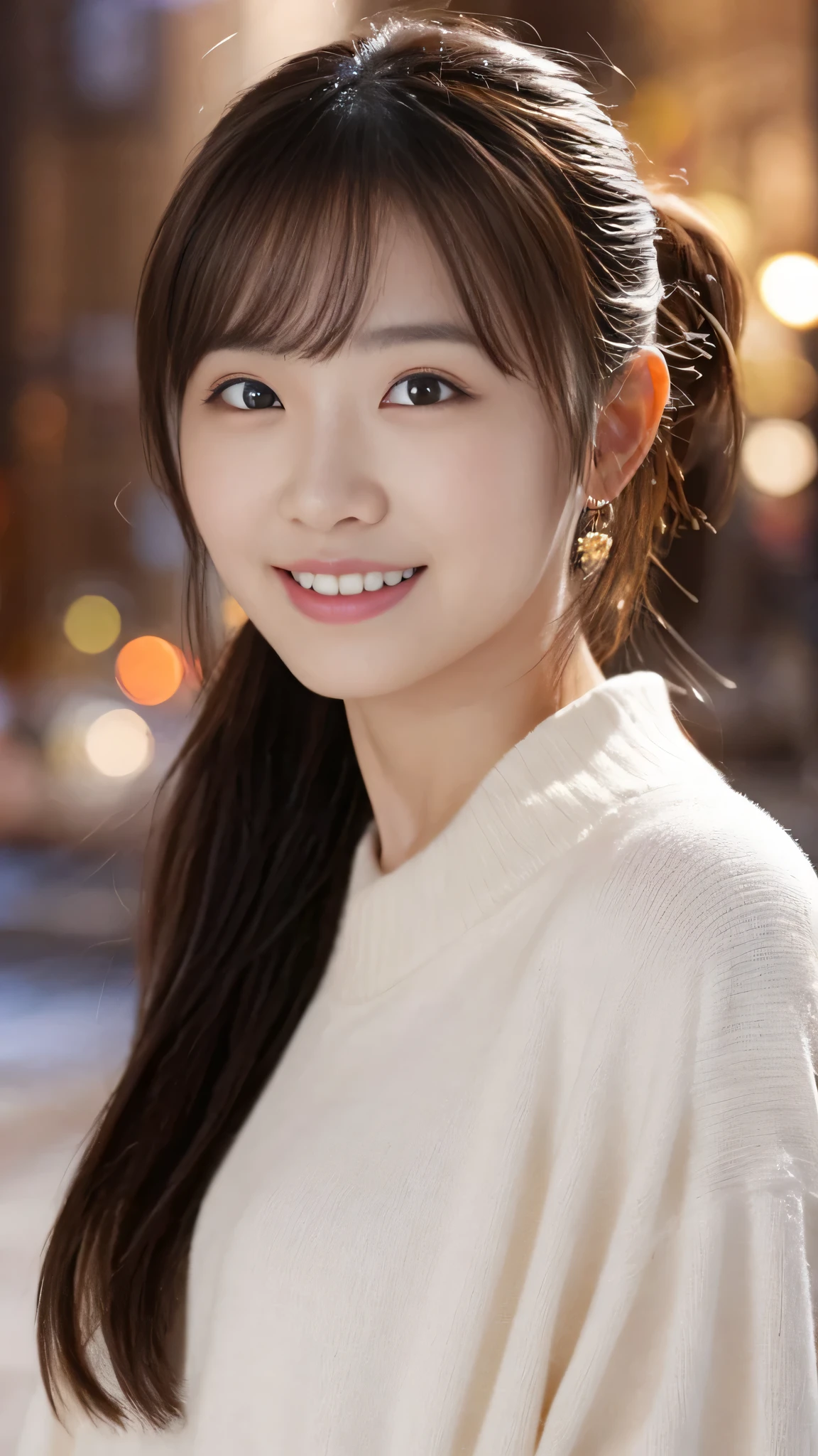 1 girl, (Wearing a black blouse:1.2), beautiful japanese actress, (ponytail:1.3),
(RAW photo, highest quality), (realistic, Photoreal:1.4), masterpiece,
very delicate and beautiful, very detailed, 2k wallpaper, wonderful,
finely, very detailed CG Unity 8K 壁紙, Super detailed, High resolution,
soft light, beautiful detailed girl, very detailed目と顔, beautifully detailed nose, beautiful and detailed eyes, cinematic lighting,
break
(Against the backdrop of a snowy night cityscape 1.3), city lights,
perfect anatomy, slender body, smile, Face the front completely, look at the camera