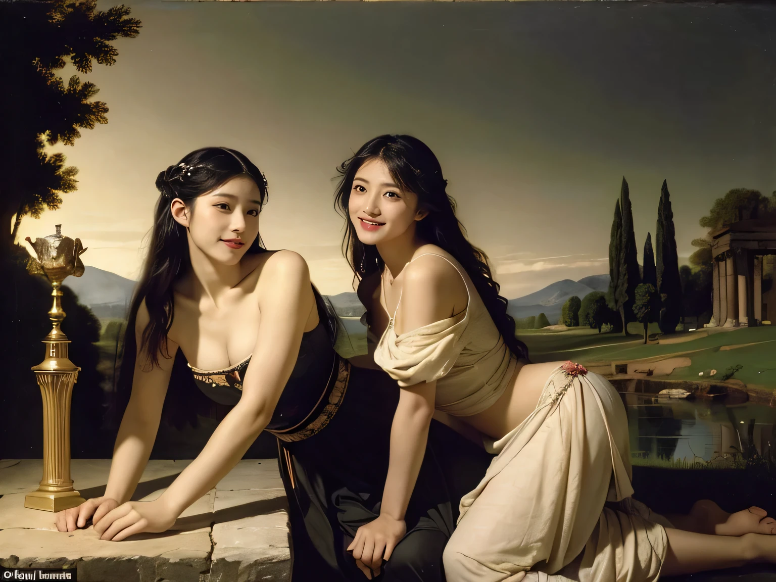 Giorgione painting style,Arguments of two female Philosophe,math、astronomical machine、astronaut、roses in vase、fruits、Cute trinkets、smile、ancient greek costume、Background is a forest lake at night 、Clothes that stretch your shoulders、A big smile、beautiful bare skin、A detailed representation of the seducing woman throughout her body.full body portrait, Ancient Roman ruins, Poussin-style landscape at night, A smile, , Sweet and seductive appearance.、Caravaggio's paintings、Chiaroscuro of Caravaggio、Hair disheveled in the wind, Two women frolicking, Cute smile, Expression of ecstasy, A sexy, Erotic