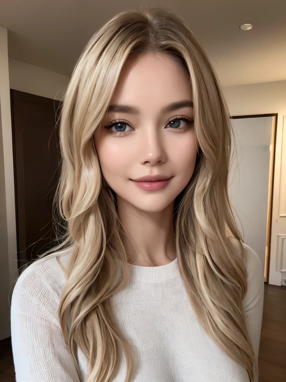 ((highest quality)), ((masterpiece)), (big  with details), perfect face、double eyelids、small face、long wavy blonde hair、realistic skin texture、full body shot、long legs、Beauty、((nude))、smile、slender body、Moist eyes、