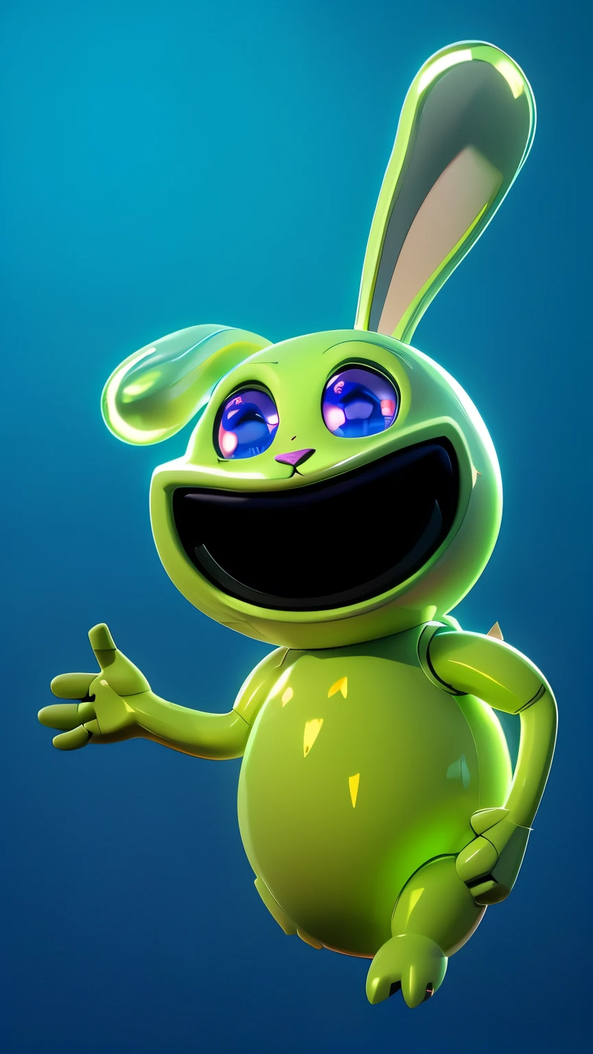 The image depicts a green creature with rabbit ears and a wide smile, showing its teeth. It has large eyes and a闪电-shaped symbol on its chest. The background is blue. cartoon character of a green bunny with a star on his chest, electrixbunny, rabbt_character, toonix character, cute anthropomorphic bunny, anthropomorphic rabbit, 3 d icon for mobile game, rabbit robot, rayman raving rabbids, friendly carrot cyborg, depicted as a pixar character, anthropomorphic character, toon render keyshot. cartoon green bunny with a star on his chest, electrixbunny, green bunny, rabbt_character, toonix character, cute anthropomorphic bunny, anthropomorphic rabbit, 3 d icon for mobile game, rabbit robot, rayman raving rabbids, toon render keyshot, anthropomorphic character, depicted as a pixar character, high detail iconic character. laying on glossy metalic floor, glossy texture, smooth 3d model, multiple light sources, rim light, sharp post effects render, (glossy metallic texture with multiple big light probe refractions), perfect cgi, cgi art created only with gradients, smooth silhouette, high intensity refraction, (super glossy chrome material), most beautiful vfx, blue background, chrome metal refractions greem bunny