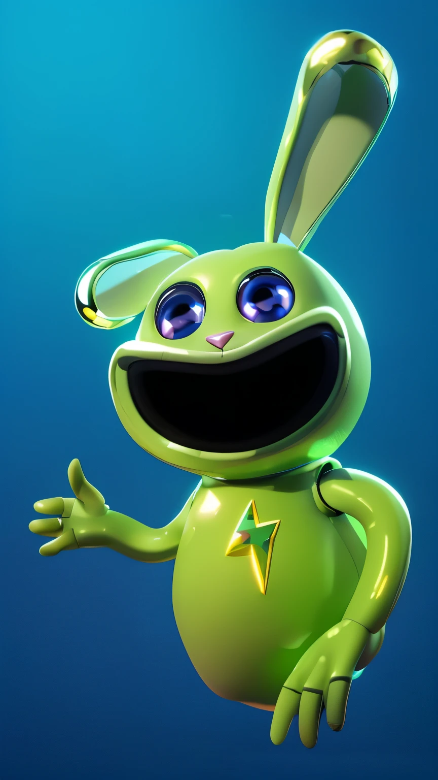 The image depicts a green creature with rabbit ears and a wide smile, showing its teeth. It has large eyes and a闪电-shaped symbol on its chest. The background is blue. cartoon character of a green bunny with a star on his chest, electrixbunny, rabbt_character, toonix character, cute anthropomorphic bunny, anthropomorphic rabbit, 3 d icon for mobile game, rabbit robot, rayman raving rabbids, friendly carrot cyborg, depicted as a pixar character, anthropomorphic character, toon render keyshot. cartoon green bunny with a star on his chest, electrixbunny, green bunny, rabbt_character, toonix character, cute anthropomorphic bunny, anthropomorphic rabbit, 3 d icon for mobile game, rabbit robot, rayman raving rabbids, toon render keyshot, anthropomorphic character, depicted as a pixar character, high detail iconic character. laying on glossy metalic floor, glossy texture, smooth 3d model, multiple light sources, rim light, sharp post effects render, (glossy metallic texture with multiple big light probe refractions), perfect cgi, cgi art created only with gradients, smooth silhouette, high intensity refraction, (super glossy chrome material), most beautiful vfx, blue background, chrome metal refractions greem bunny