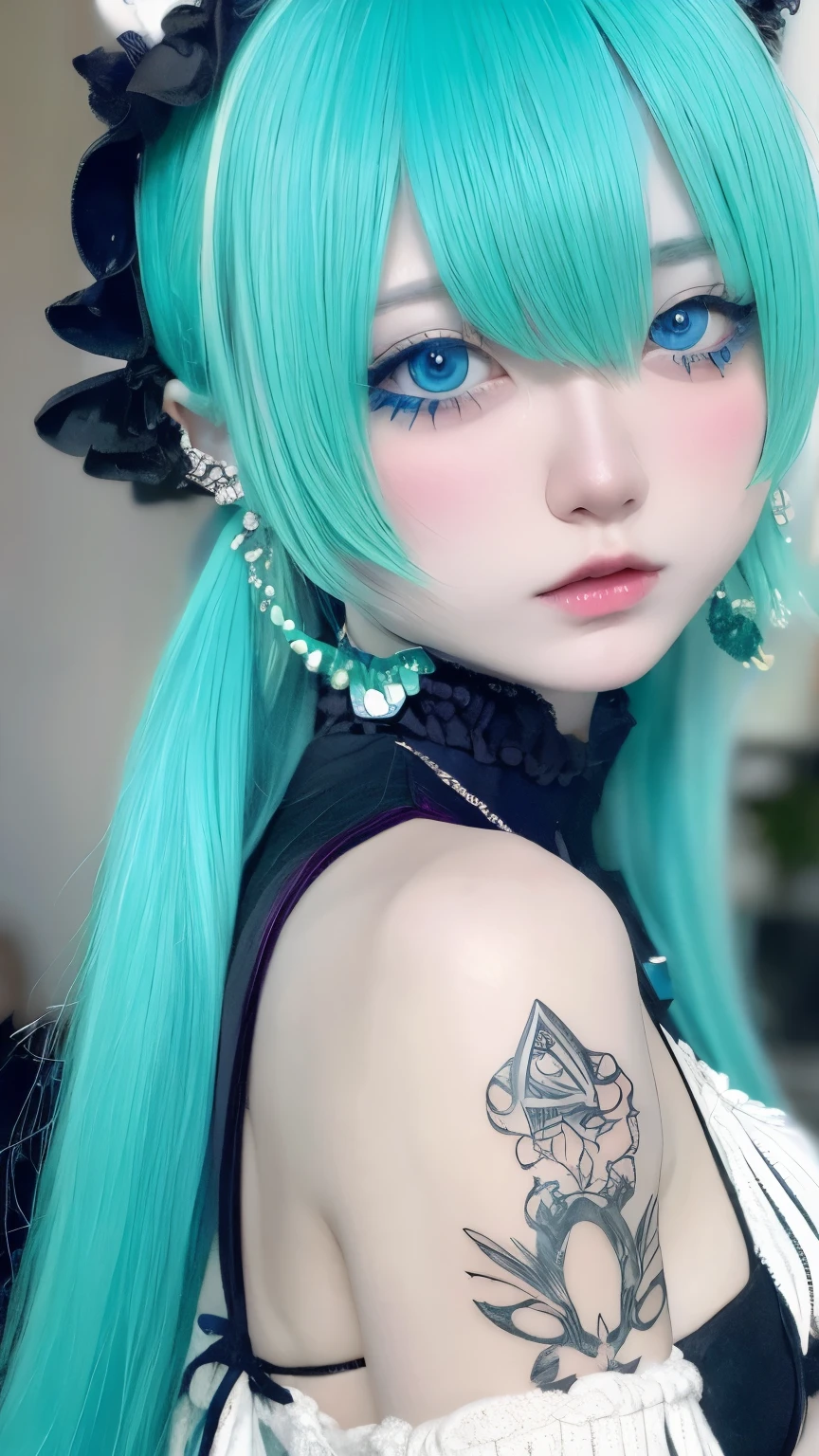 hair ornaments、earrings、tattoo、goth_punk, 1 girl, alone,、highest quality, realistic, Super delicate illustration, beautiful and charming anime girl, miku hatsune, slender body, tied hair, one girl, girl pictures, full body shot, beautiful blue eyes, looked back,ear nipple rings、hair ornaments、gem、miku hatsune、