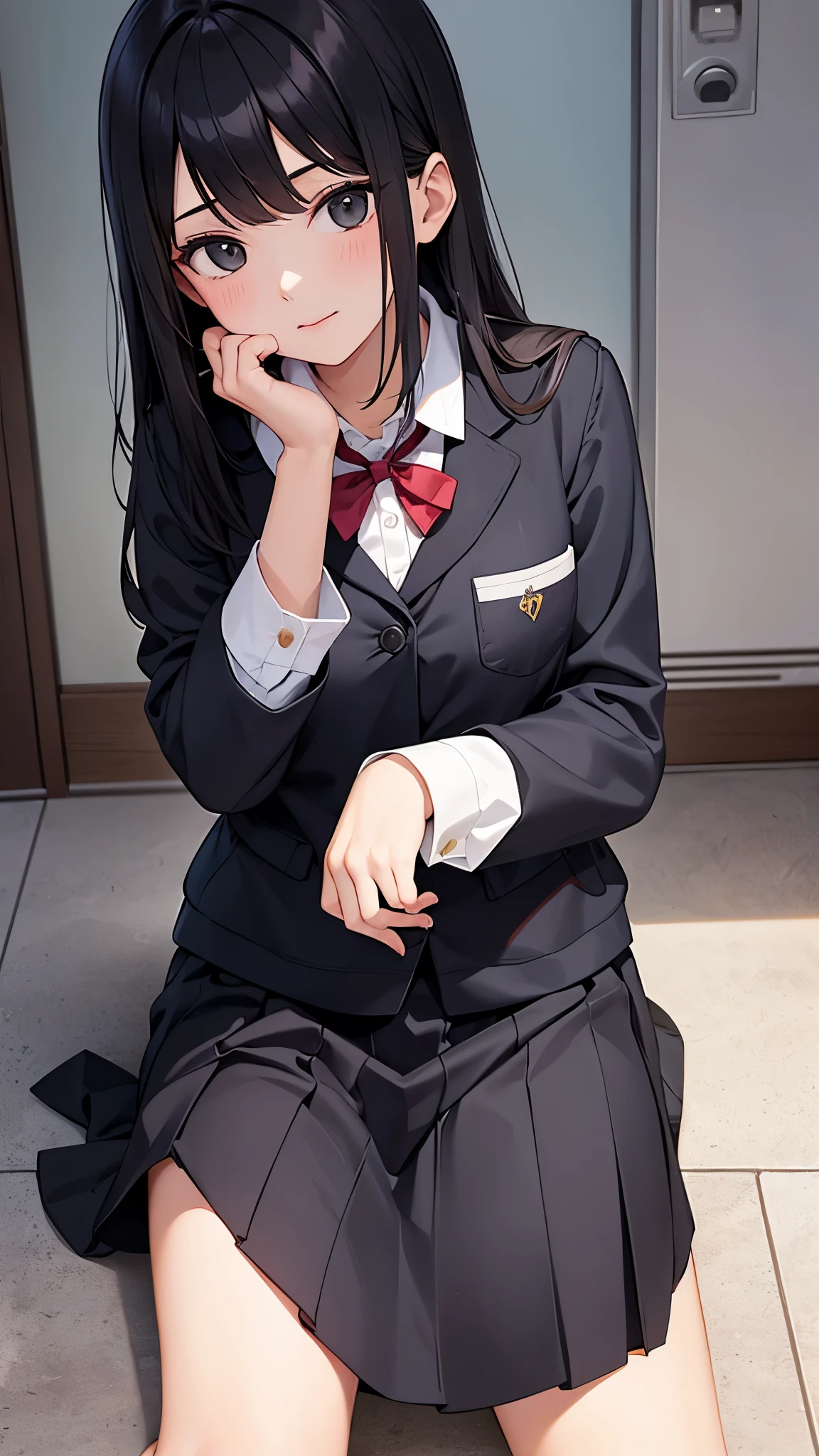 1girl, school uniform, sitting, dark black hair, medium breasts, dont smile, black eyes, white skin, tall