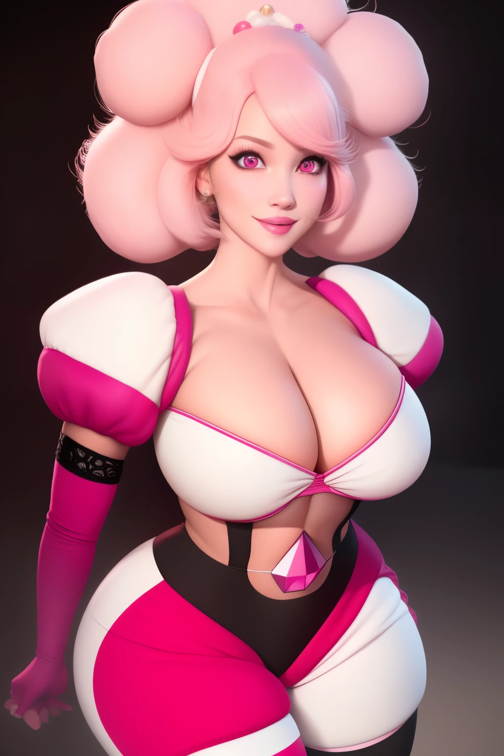 pnkdamond, pink hair, pink eyes, big hair, stomach gem, pink skin, toned,
puffy short sleeves, elbow gloves , white thighhighs, puffy dress,
standing, upper body,
outerspace,
(insanely detailed, beautiful detailed face,beautiful detailed eyes, masterpiece, best quality) cinematic lighting, smile,