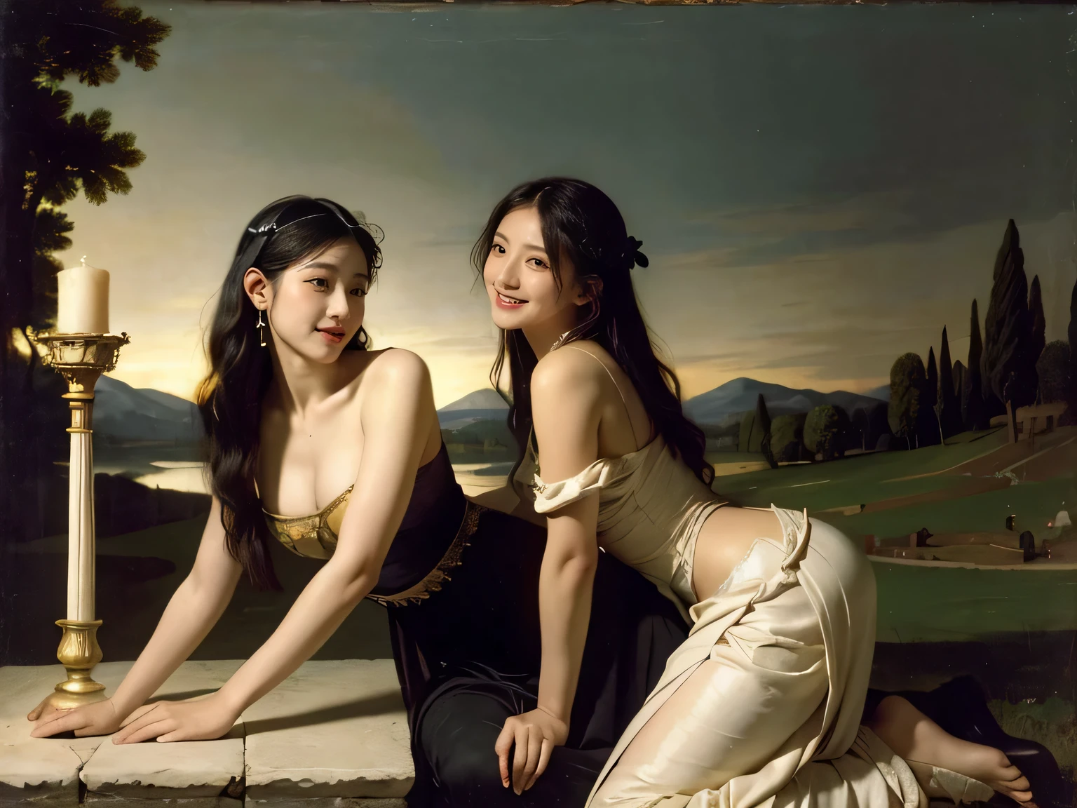 Giorgione painting style,Arguments of two female Philosophe,math、astronomical machine、astronaut、roses in vase、fruits、Cute trinkets、smile、ancient greek costume、Background is a forest lake at night 、Clothes that stretch your shoulders、A big smile、beautiful bare skin、A detailed representation of the seducing woman throughout her body.full body portrait, Ancient Roman ruins, Poussin-style landscape at night, A smile, , Sweet and seductive appearance.、Caravaggio's paintings、Chiaroscuro of Caravaggio、Hair disheveled in the wind, Two women frolicking, Cute smile, Expression of ecstasy, A sexy, Erotic 