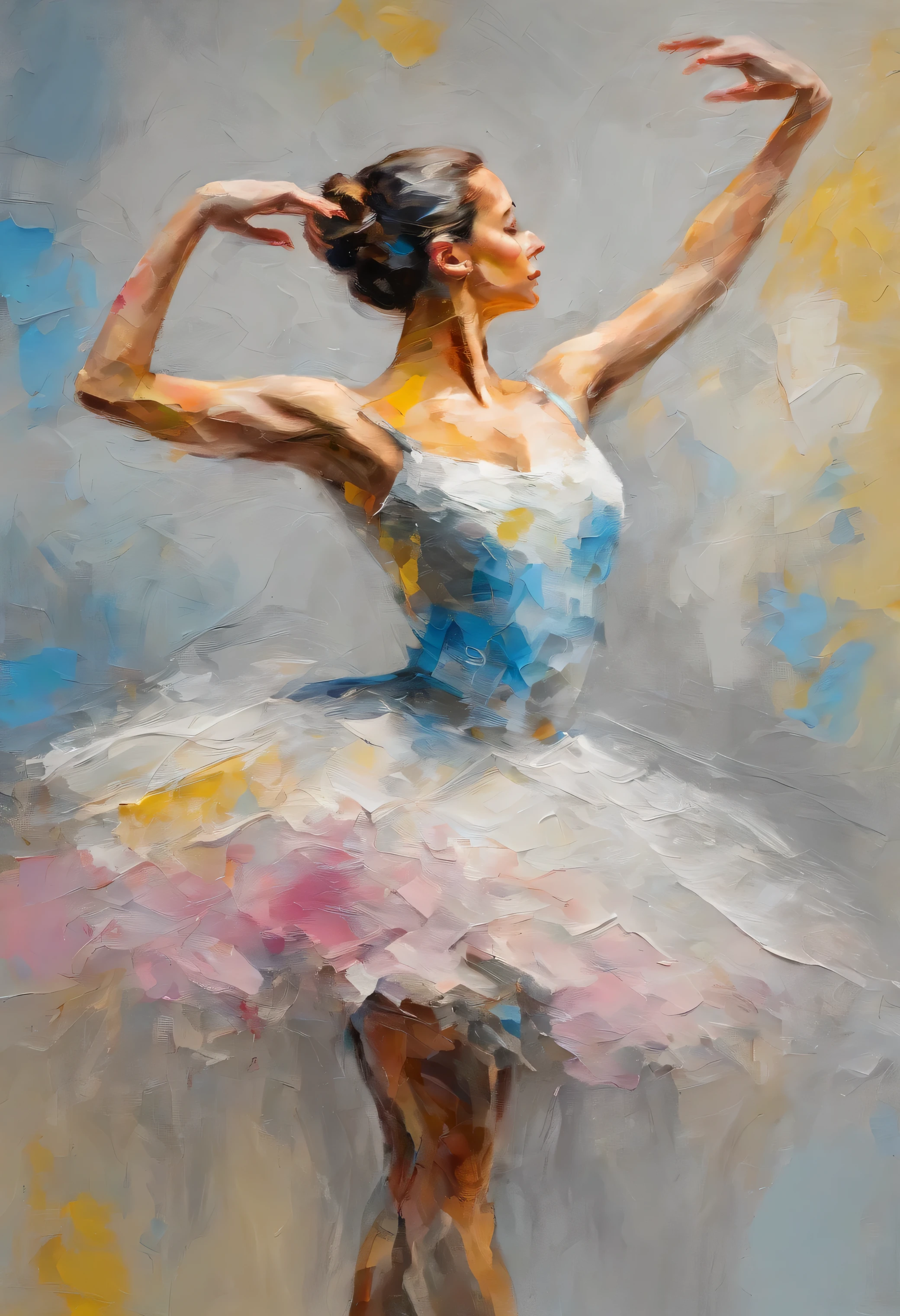 Artwork of a ballet dancer in motion, perfect body shape, sketch, drawing, or watercolor artwork. Perfect reflections. Abstract impasto background, light grey and yellow and pink and blue and beige colors only