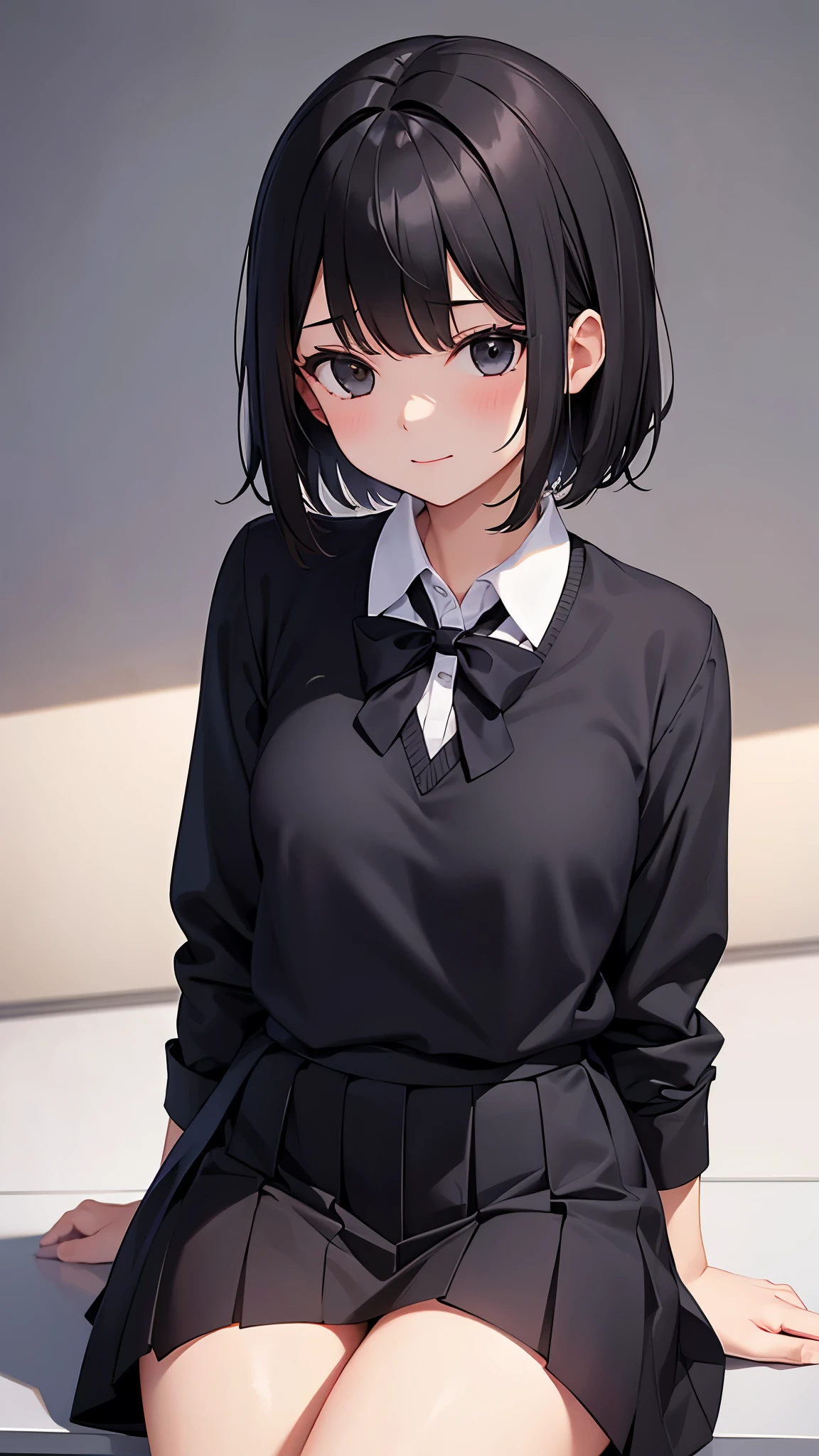 1girl, school uniform, sitting, dark black short hair, medium breasts, dont smile, black eyes, white skin,