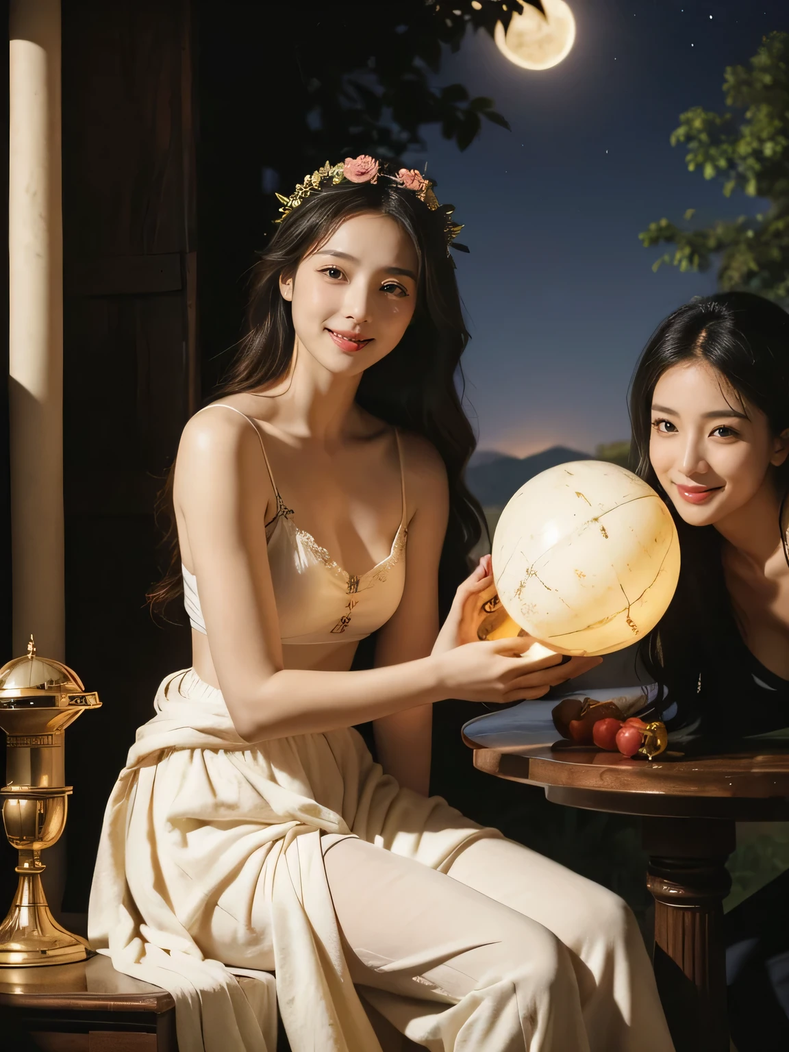 Giorgione painting style,Arguments of two female Philosophe,math、astronomical machine、astronaut、roses in vase、fruits、Cute trinkets、smile、ancient greek costume、Background is a forest lake at night 、Clothes that stretch your shoulders、A big smile、beautiful bare skin、A detailed representation of the seducing woman throughout her body.full body portrait, Ancient Roman ruins, Poussin-style landscape at night, A smile, , Sweet and seductive appearance.、Caravaggio's paintings、Chiaroscuro of Caravaggio、Hair disheveled in the wind, Two women frolicking, Cute smile, Expression of ecstasy, A sexy, Erotic
Negat