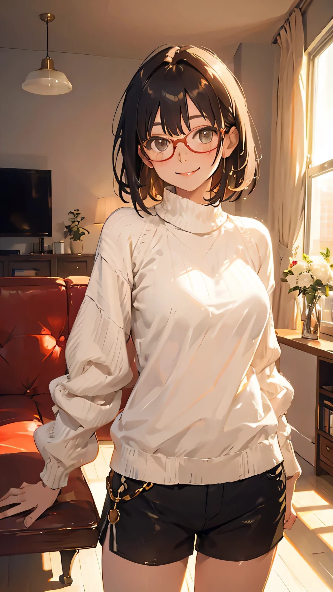 masterpiece, highest quality, (attractive woman), 28 years old, medium hair, big breasts, sweater, shorts, Glasses, smile. living room