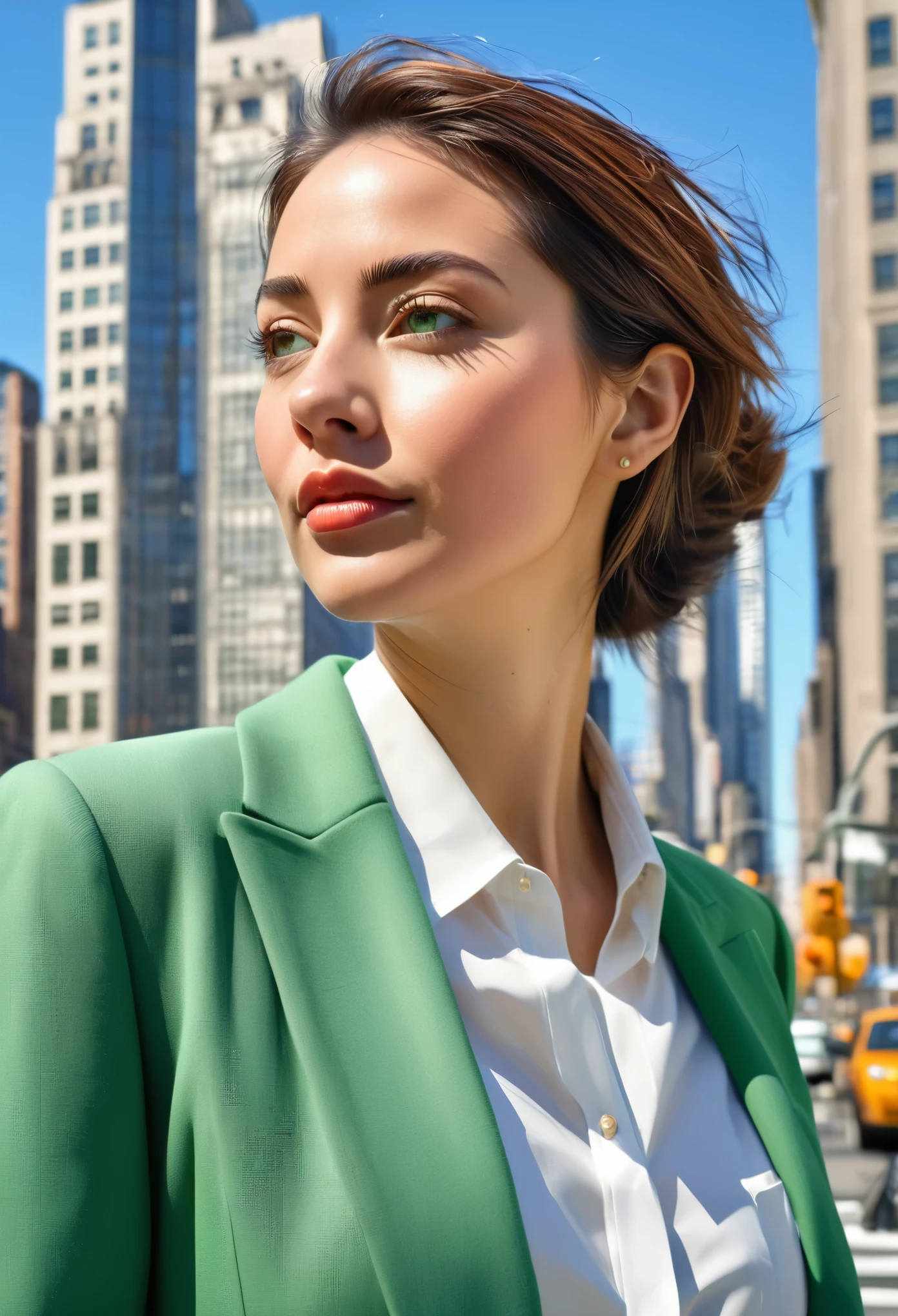 (best quality,realistic:1.2), an woman professional, green colors, detailed faces and expressions, modern and urban architectural details, confident and friendly atmosphere, corporate fashion style, bustling cityscape, warm sunlight, clear blue sky, midday lighting, sharp focus, urban elegance, cizent streets , street new york citylarge corporate building in the background with modern and futuristic architecture, cinematic quality,