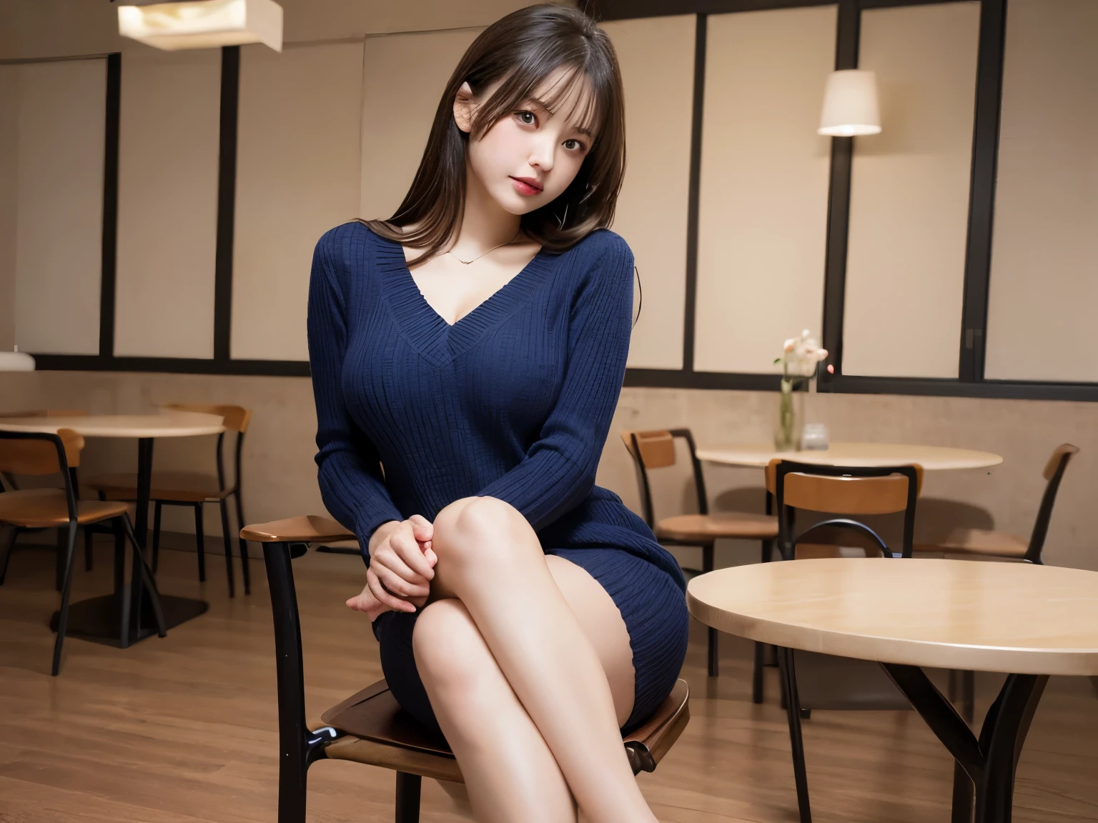 table top, highest quality, figure, super detailed, finely, High resolution, 8k wallpaper, 完璧なダイナミックな構figure, detailed and beautiful eyes, natural lip, dark blue knit dress , big breasts, cleavage, cross your legs