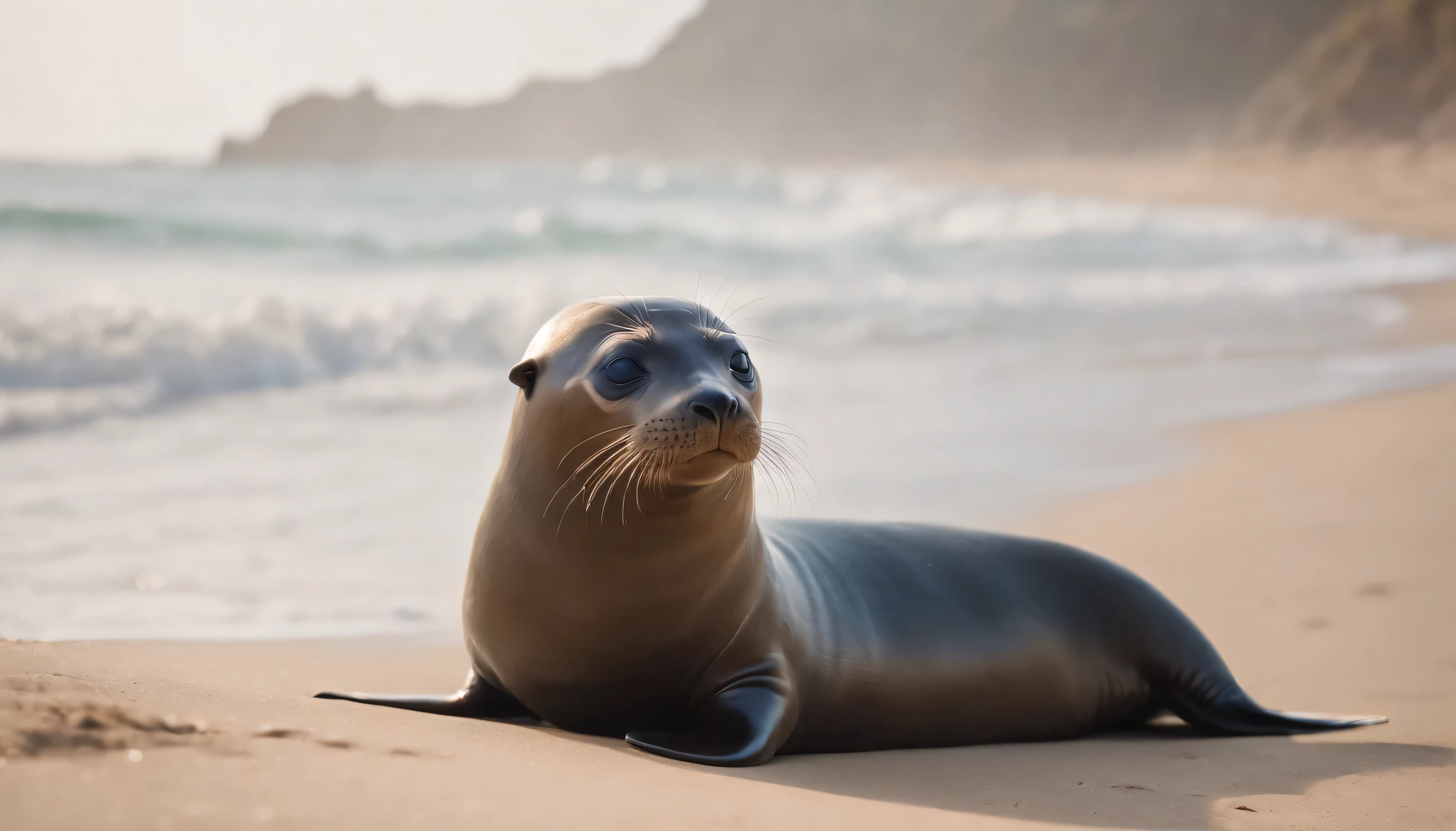 (Highly detailed CG Unity 8k wallpaper、masterpiece、highest quality、Super detailed)、(best lighting、best shadow、very delicate and beautiful)、highest quality、8k、Detailed facial depiction、masterpiece、highest quality、clear image quality、
Little fur seal playing in the waves on the beach。