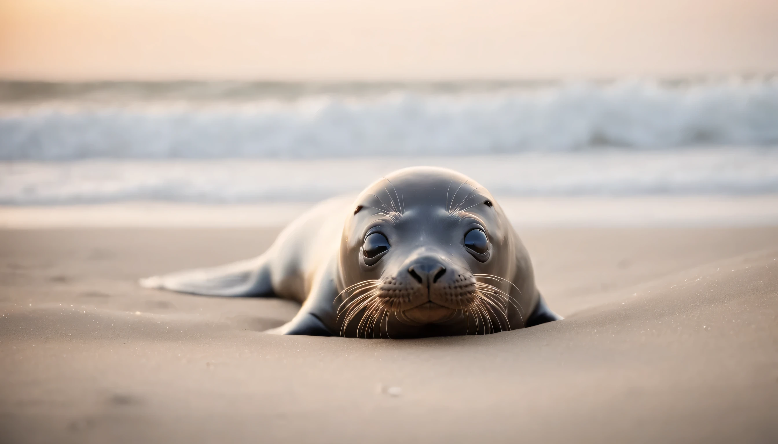(Highly detailed CG Unity 8k wallpaper、masterpiece、highest quality、Super detailed)、(best lighting、best shadow、very delicate and beautiful)、highest quality、8k、Detailed facial depiction、masterpiece、highest quality、clear image quality、
Little fur seal playing in the waves on the beach。