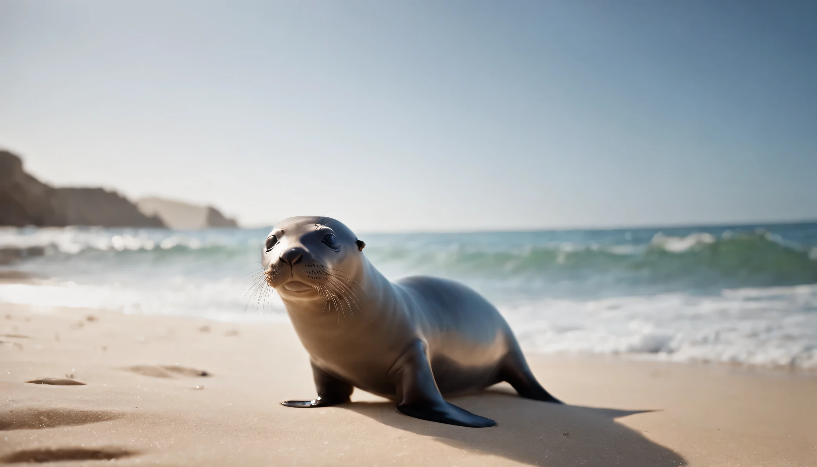 (Highly detailed CG Unity 8k wallpaper、masterpiece、highest quality、Super detailed)、(best lighting、best shadow、very delicate and beautiful)、highest quality、8k、Detailed facial depiction、masterpiece、highest quality、clear image quality、
Little fur seal playing in the waves on the beach。