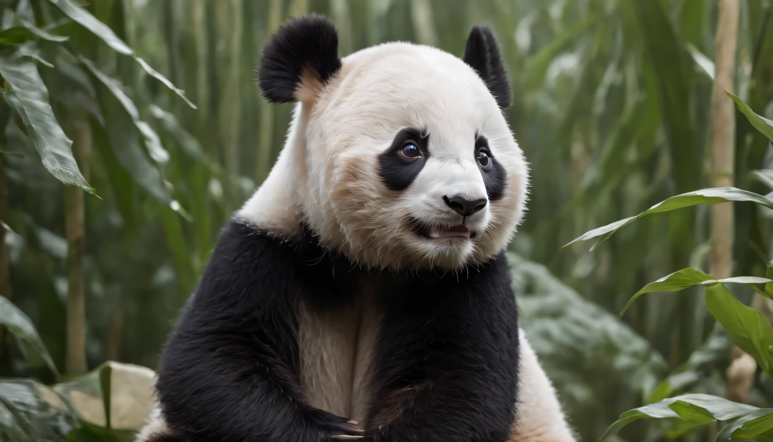 (Highly detailed CG Unity 8k wallpaper、masterpiece、highest quality、Super detailed)、(best lighting、best shadow、very delicate and beautiful)、highest quality、8k、Detailed facial depiction、masterpiece、highest quality、clear image quality、
Baby Panda&#39;Innocent expression when eating bamboo。
