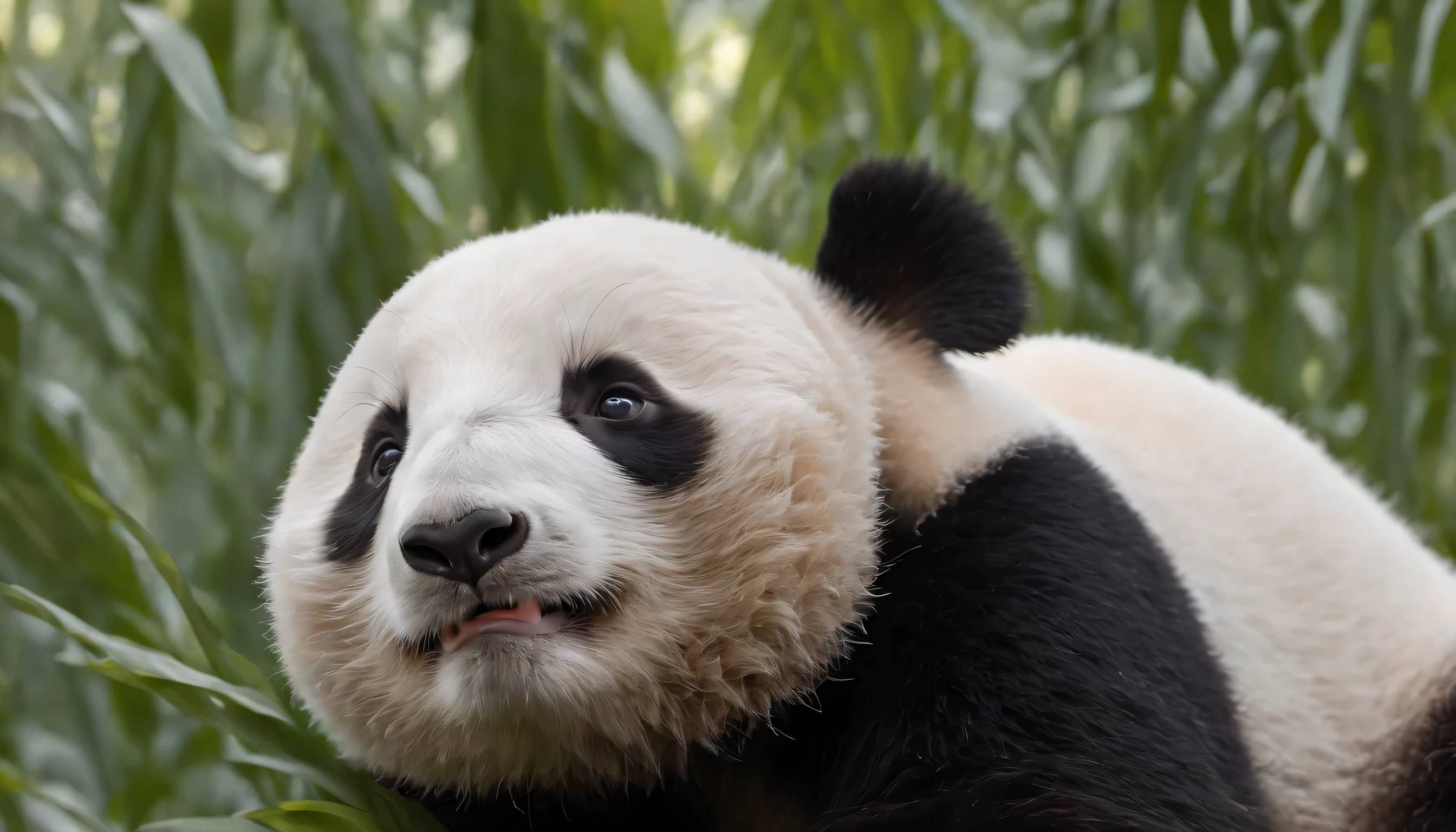 (Highly detailed CG Unity 8k wallpaper、masterpiece、highest quality、Super detailed)、(best lighting、best shadow、very delicate and beautiful)、highest quality、8k、Detailed facial depiction、masterpiece、highest quality、clear image quality、
Panda'Innocent expression when eating bamboo。