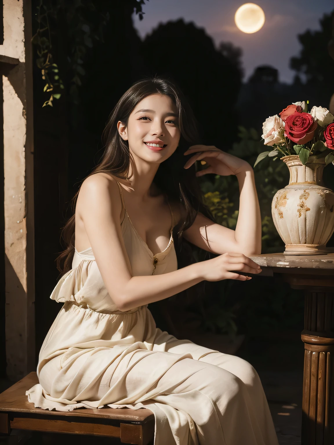 Poussin-style landscape,A smile,,Sweet and seductive appearance.、Caravaggio's paintings、Chiaroscuro of Caravaggio、Hair disheveled in the wind,Two women frolicking,Cute smile, Expression of ecstasy,A sexy,erotic,Raffaello Santi painting style,Arguments of two female 、roses in vase、fruits、Cute trinkets、smile、ancient greek costume、Woman standing on ancient Roman ruins ,A big smileare skin,