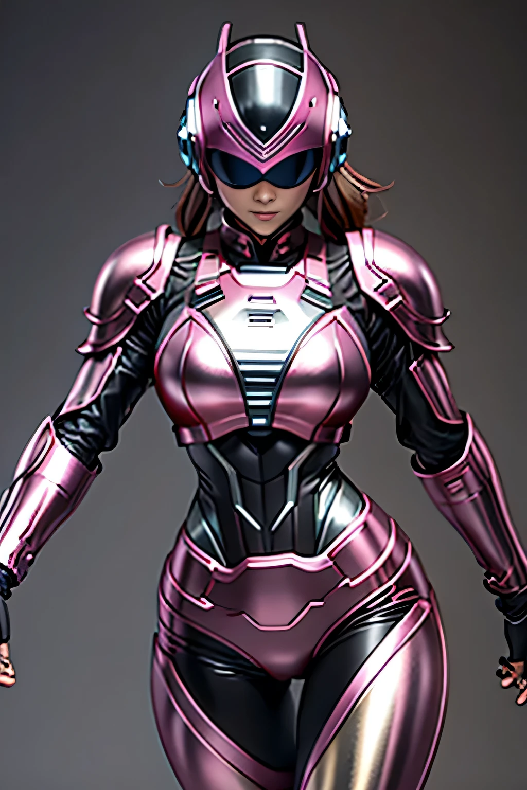 female robocop solo、Armor that completely covers the whole body、very large armor、helmet to hide eyes、metallic pink armor、Armor that completely covers the chest、thin and long legs、Vibrant posel body view