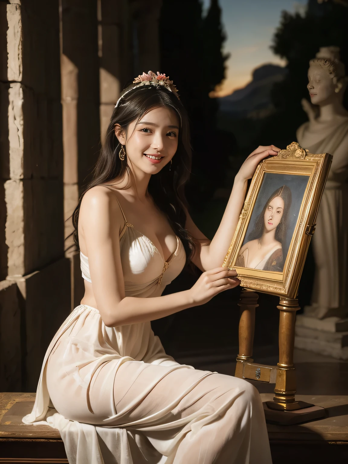 Giorgione painting style,Arguments of two female Philosophe,math、astronomical machine、astronaut、roses in vase、fruits、Cute trinkets、smile、ancient greek costume、Background is a forest lake at night 、Clothes that stretch your shoulders、A big smile、beautiful bare skin、A detailed representation of the seducing woman throughout her body.full body portrait, Ancient Roman ruins, Poussin-style landscape at night, A smile, , Sweet and seductive appearance.、Caravaggio's paintings、Chiaroscuro of Caravaggio、Hair disheveled in the wind, Two women frolicking, Cute smile, Expression of ecstasy, A sexy, Erotic
Negat