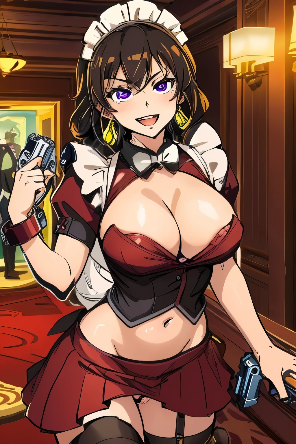 Isabella, 1girl, mature, black hair, purple eyes, brown hair,, long hair, jewelry, earrings, complex detailed background, casino environment, fancy interior environment, rich
interior, masterpiece, best quality, highly detailed, a anime girls in maid uniforms with a gun posing for a
picture, maid outfit, cleavage, evil smile, smile, open mouth ,ecchi anime style, anime girls, ecchi style,
ecchi, digital anime art!!, in anime style, official artwork, (nsfw) not safe for work, beautiful anime maid
girl, anime style 4 k, micro skirt, exposed belly, exposed navel, exposed midriff, exposed lower belly,
holding a gun