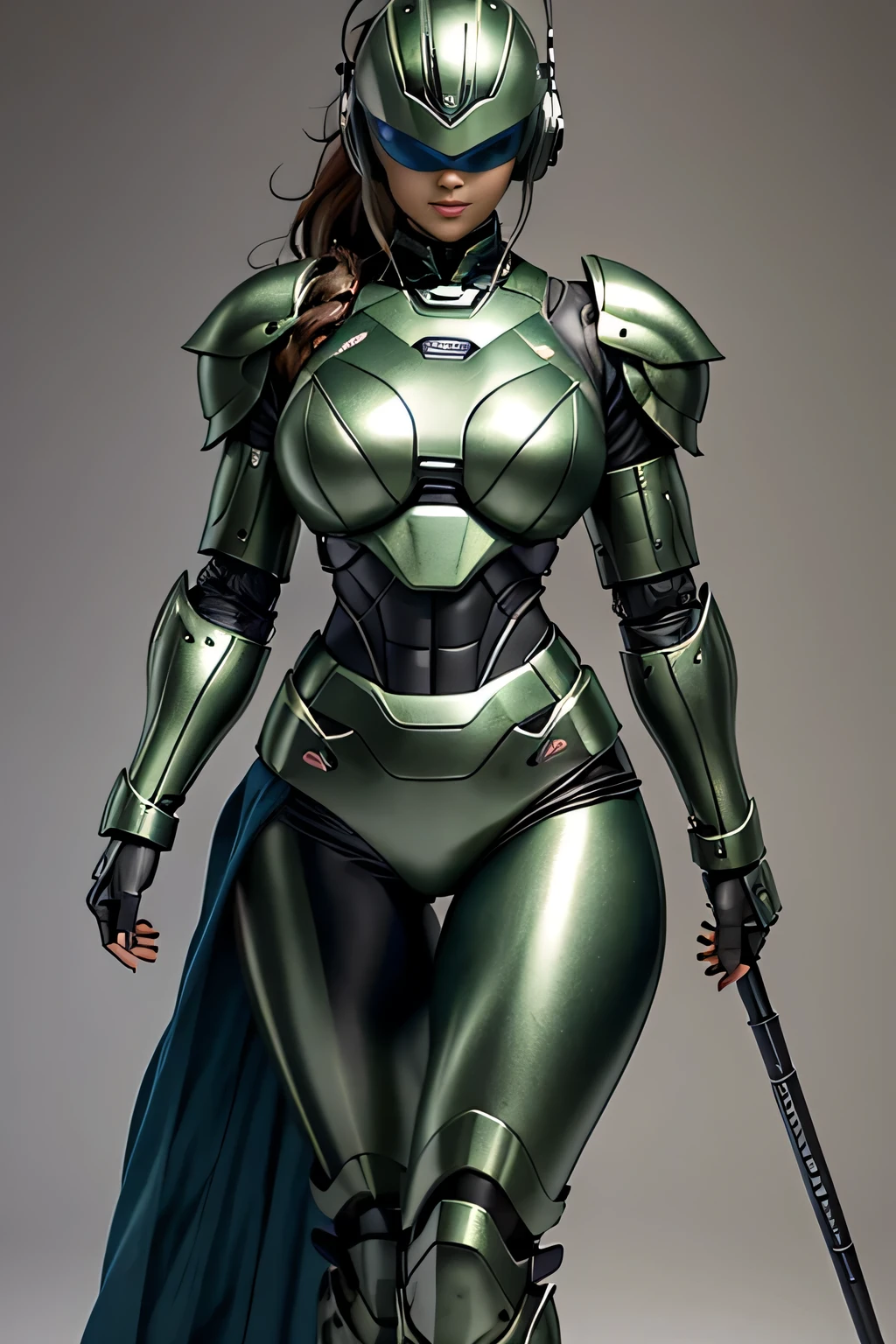 female robocop solo、Armor that completely covers the whole body、very large armor、helmet to hide eyes、Metallic Green Armor、Armor that completely covers the chest、thin and long legs、Vibrant posel body view
