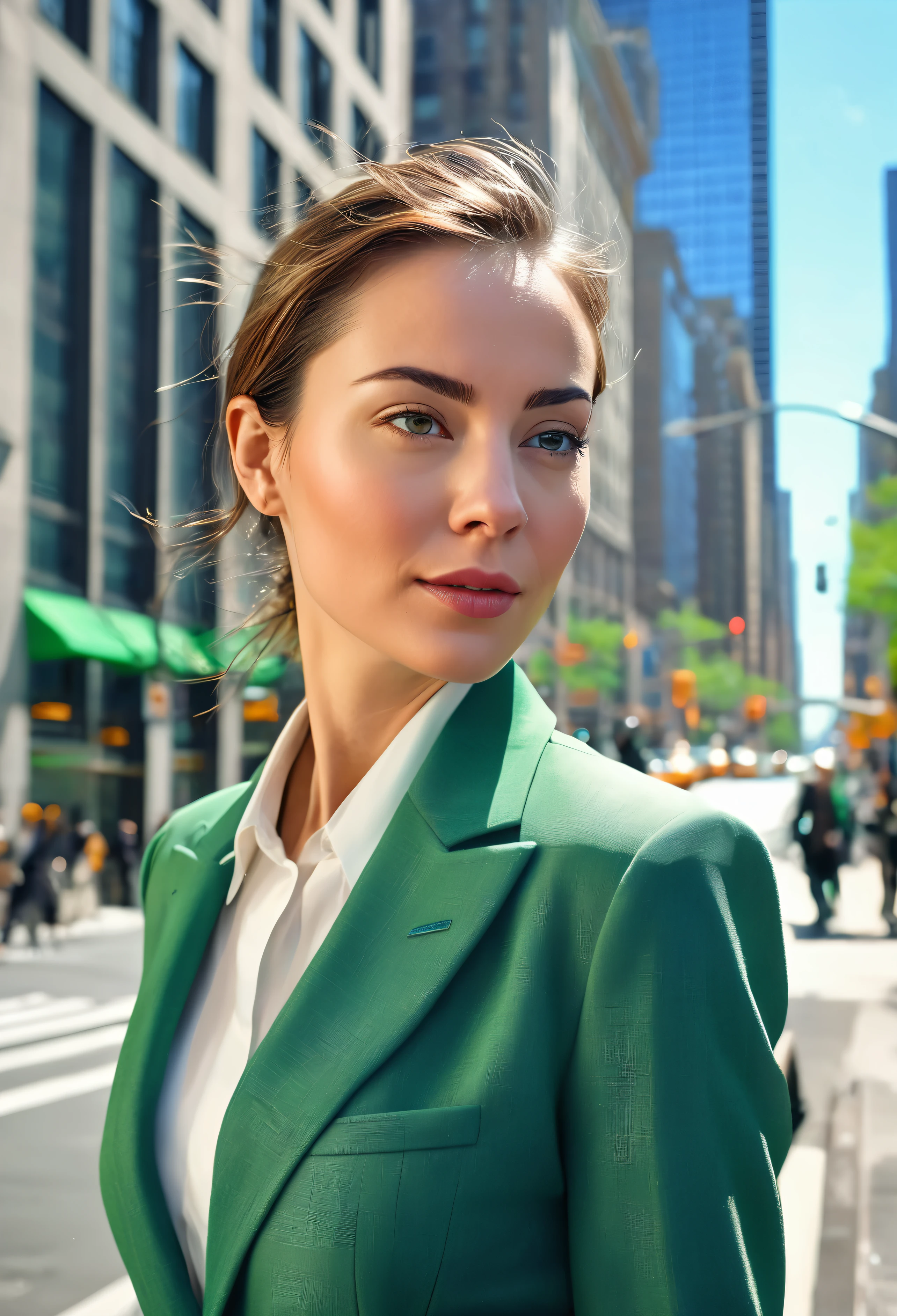 (melhor qualidade,Realista:1.2), profissional, cores verdes, Detailed faces and expressions, modern and urban architectural details, confident and friendly atmosphere, estilo de moda corporativa, paisagem urbana movimentada, luz solar quente, clear blue sky, midday lighting, sharp focus, urban elegance, ruas vibrantes, rua Nova York