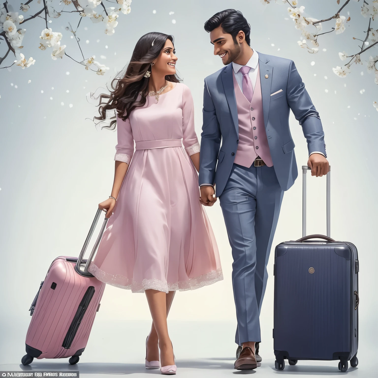 South indian very beautiful girl and handsome young man. The two are very happy and in love. The two are leaving for tourists in a foreign country. To the right of the young woman is a towable suitcase. On the left side of the young man is a similar bag, on which he has one hand. The young woman turns to the young man. The young man looks lovingly at the young woman with a smiling face. The girl wears a pink dress and has white flowers. The gown is knee length. The young man is wearing a full suit with a coat.