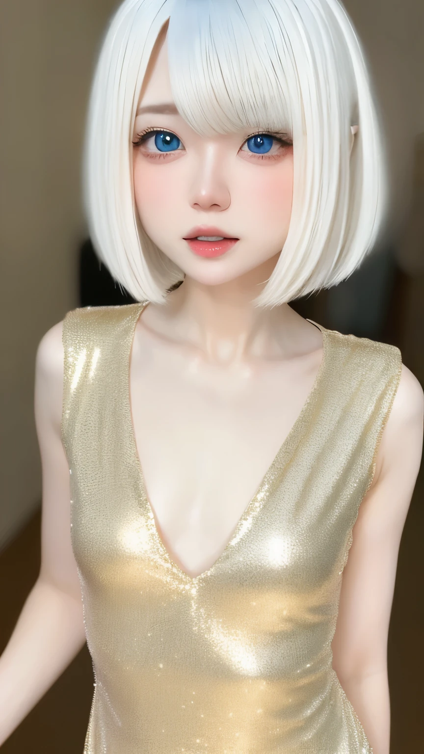 RAW shooting、Photoreal、Masseter muscle part、one girl、baby face、very cute、Slender and beautiful、((small breasts:1.2))、realistic eyes、eyes are realistic、Realistic and carefully drawn eyes、charming eyes、platinum blonde hair、short bob、choken sequin dress、Champagne Gold Dress、Chess gangte sleeveless dress with bold opening、cumbersome pose、luxury dance hall、dimly lit dance hall、small title background、highest quality、ultra high resolution、８ｋ、