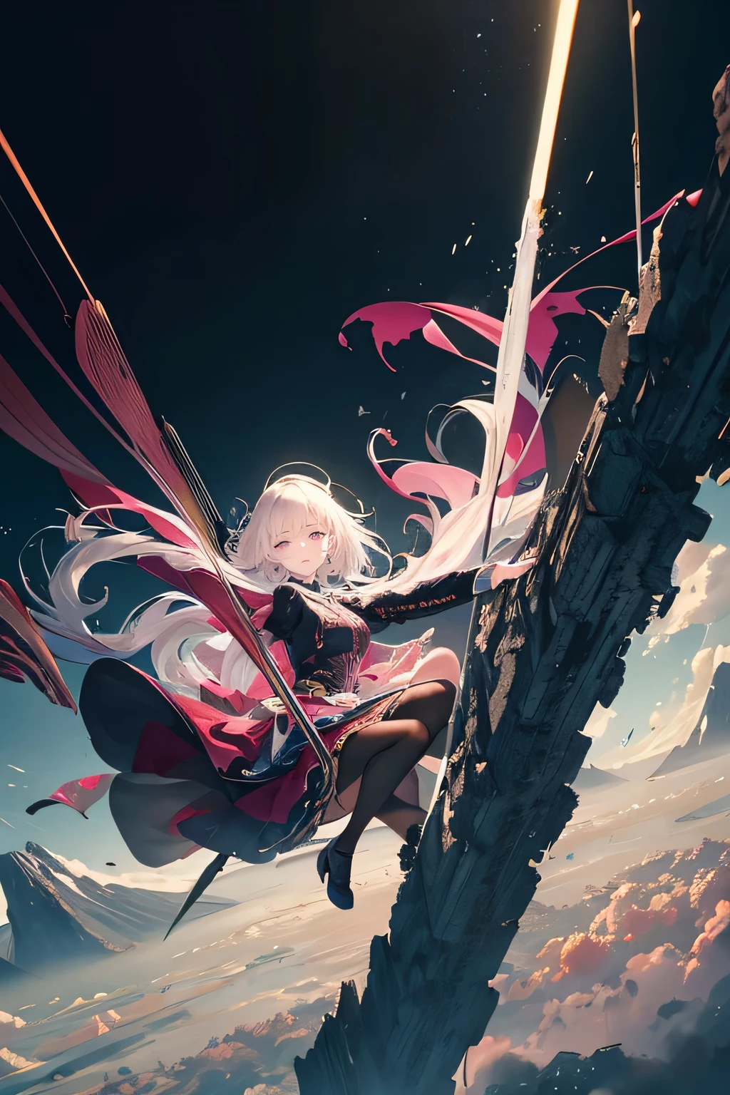 a woman, 1girl, solo,ultra-detailed,pantyhose, perfect face,pink、mountains、near future、cyber-、sea of clouds、Asahi、hope、grow、(1 female:1.2),Giant Swing、Fly over the mountains,)desolation,Shining Weapon,dynamic angle, [(Art book: Art book: Art book. Art book.:0.8)|Art by Lyubov Popova], octane render, unity 8k wallpaper, Super detailed, beautiful and aesthetic, Extremely detailed, dynamic angle, the most beautiful form of chaos, It&#39;s elegant, Designed by brutalists, Bright colors, romanticism, james jean, robbie dowi antono, Los Tran, francis bacon, Michal Mraz, Adrian Genie, Petra Cortright, Gerhard Richter, Takato Yamamoto, ashley wood, Atmospheric, ecstasy of notes, Displaying streaming notes,moon night,long shot, beautiful background,,shirt,skirt, ink touch、spring colors, chinese ink drips, artistic painting