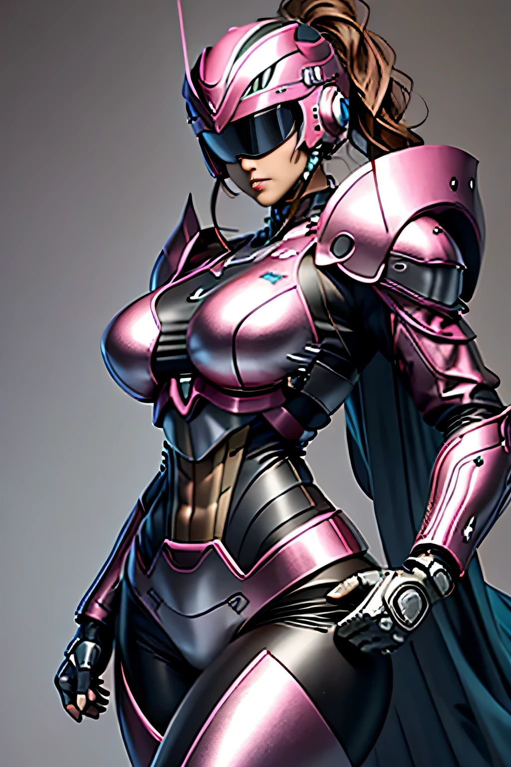 female robocop solo、Armor that completely covers the whole body、very large armor、helmet to hide eyes、metallic pink armor、Armor that completely covers the chest、thin and long legs、Vibrant posel body view