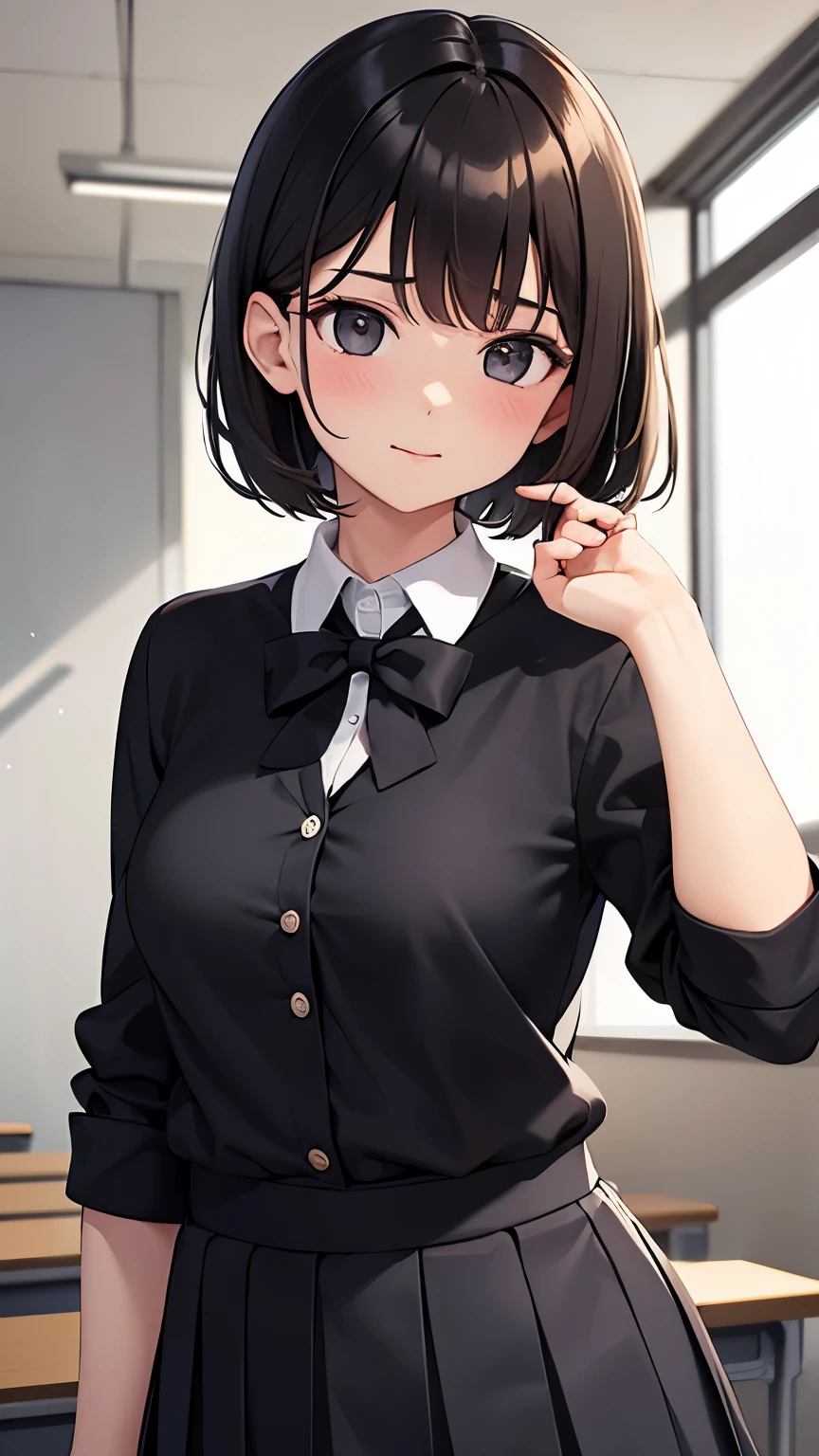 1girl, school uniform, classs, dark black short hair, medium breasts, dont smile, black eyes, white skin, brunette, no feelings face