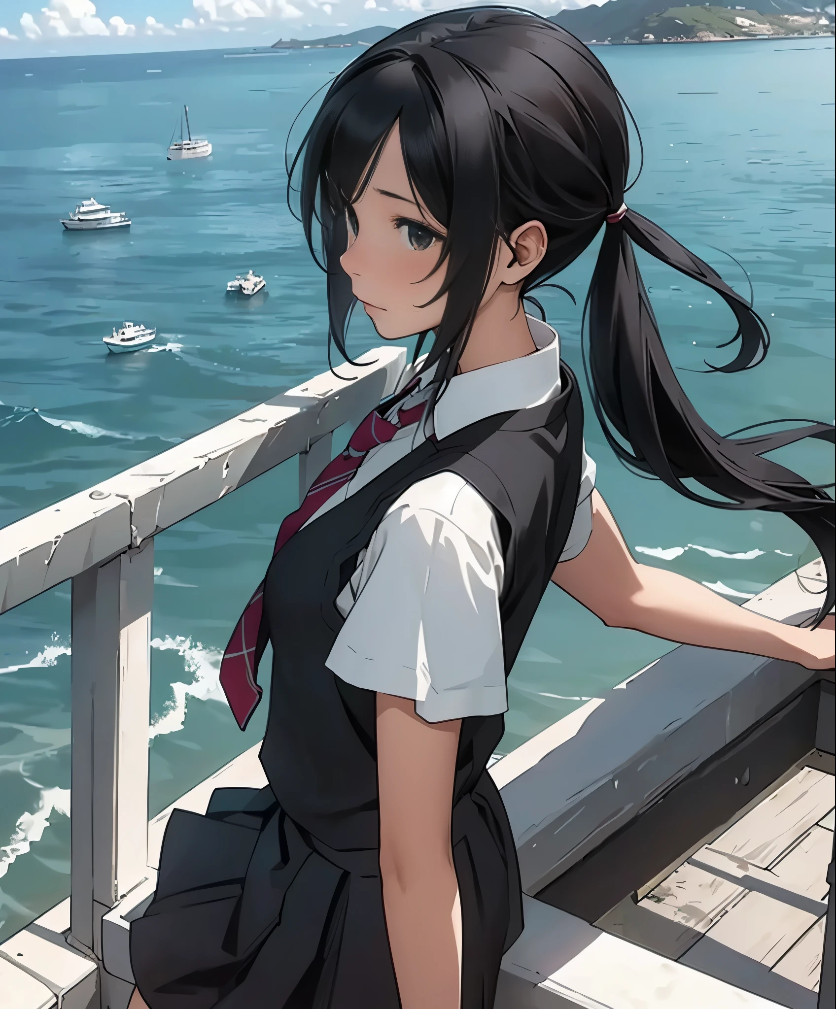 (masterpiece、highest quality、highest quality、official art、beautiful beautiful:1.2)、(1 girl:1.3)Hatsune Miku、twin tails,big breasts,masterpiece, Best quality - 1girl, alone, sweater vest, black hair, tie, long hair, black eye, school uniform, outdoors, null, short sleeve, look away, looking to the side, shirt, skirt, red tie, Ocean, handrail, scenery, vest