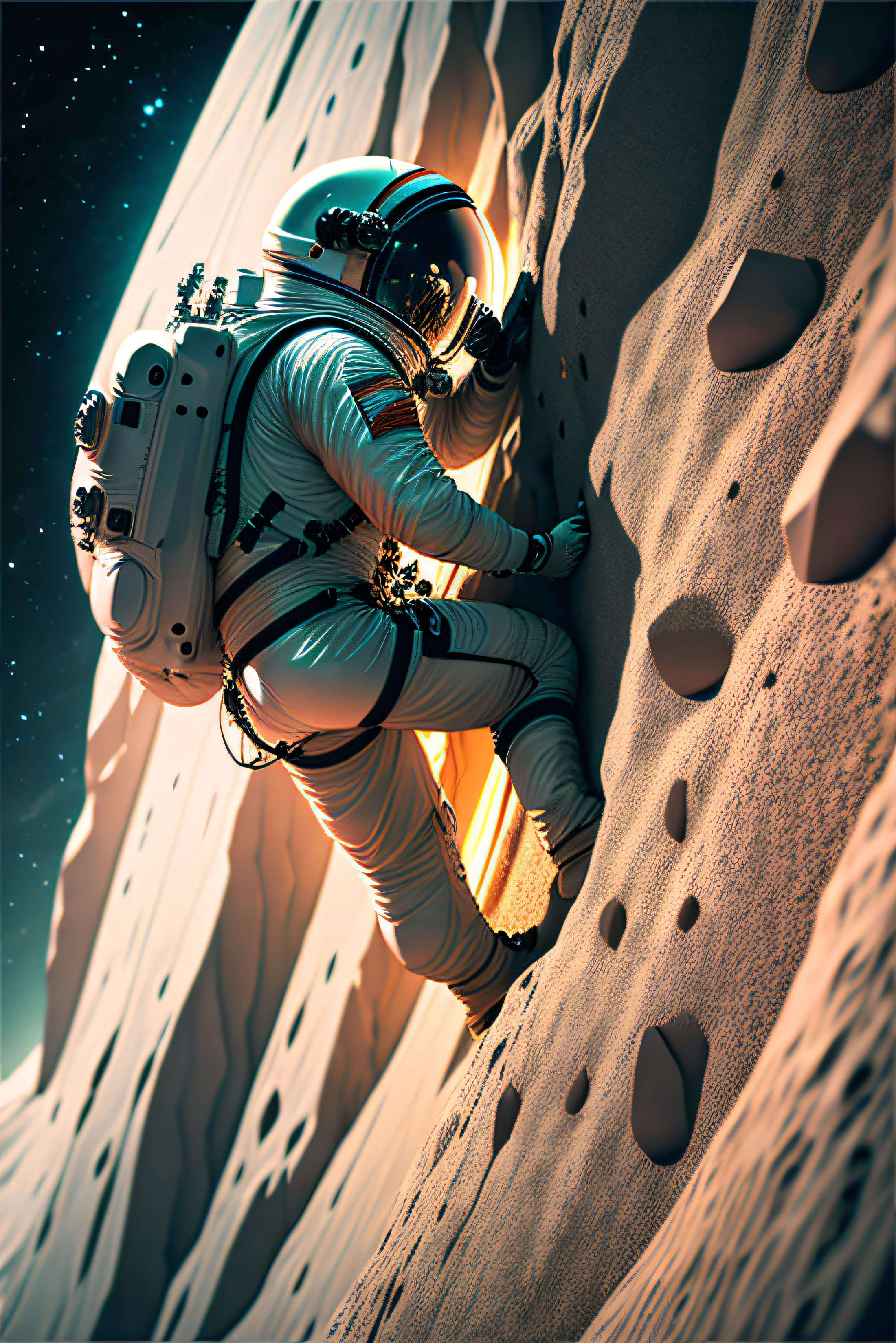 The astronaut, climbing the asteroid,4K Ultra HD, ultra high resolution, (Photorealistic: 1.4), Best quality,Masterpiece,