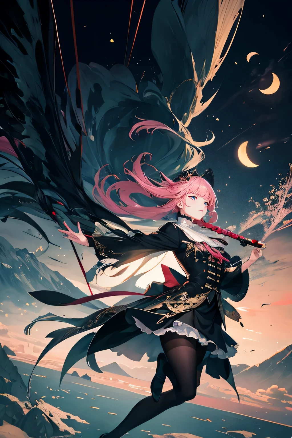 a woman, 1girl, solo,ultra-detailed,pantyhose, perfect face,pink、mountains、near future、cyber-、sea of clouds、Asahi、hope、grow、(1 female:1.2),Giant Swing、Fly over the mountains,)desolation,Shining Weapon,dynamic angle, [(Art book: Art book: Art book. Art book.:0.8)|Art by Lyubov Popova], octane render, unity 8k wallpaper, Super detailed, beautiful and aesthetic, Extremely detailed, dynamic angle, the most beautiful form of chaos, It&#39;s elegant, Designed by brutalists, Bright colors, romanticism, james jean, robbie dowi antono, Los Tran, francis bacon, Michal Mraz, Adrian Genie, Petra Cortright, Gerhard Richter, Takato Yamamoto, ashley wood, Atmospheric, ecstasy of notes, Displaying streaming notes,moon night,long shot, beautiful background,,shirt,skirt, ink touch、spring colors, chinese ink drips, artistic painting